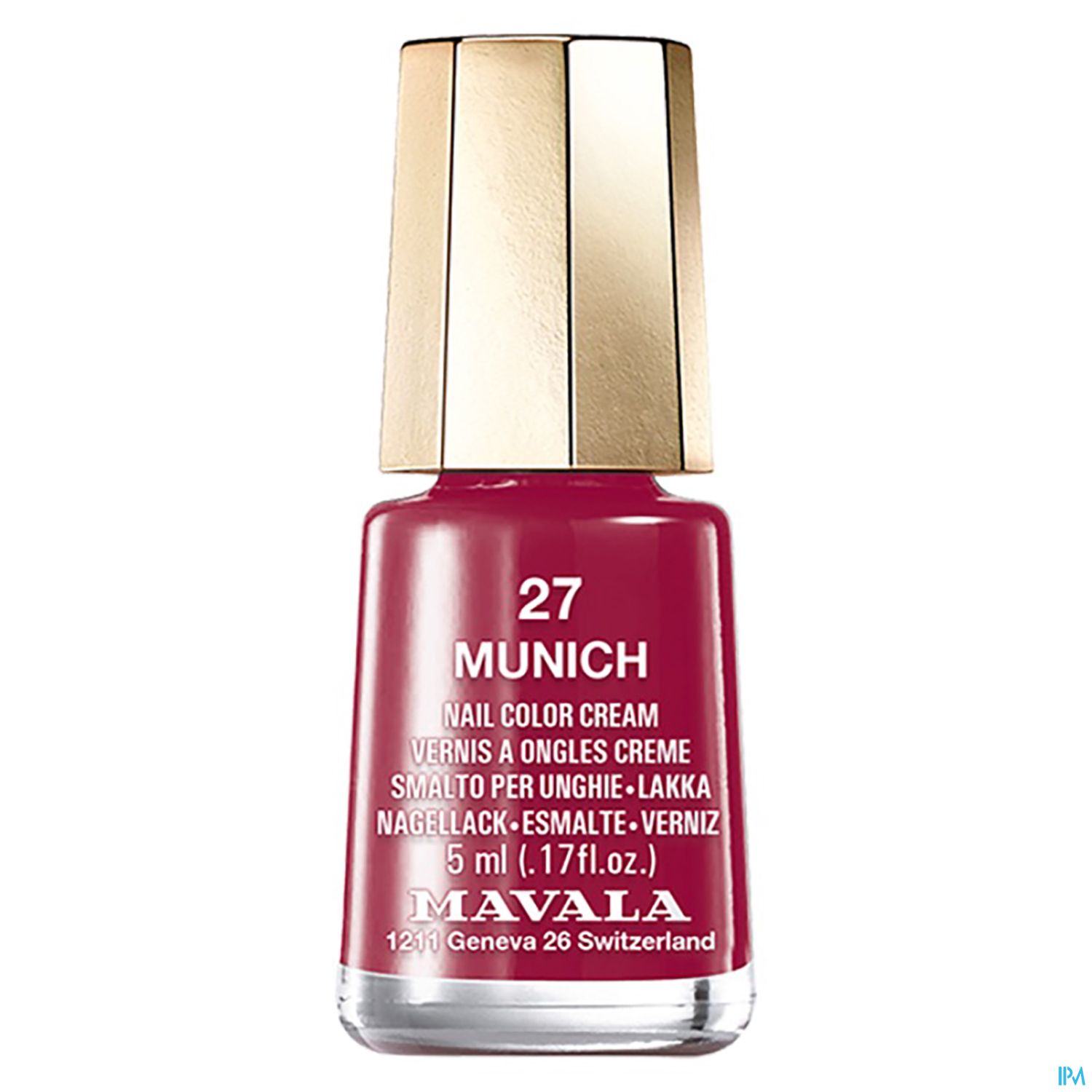 Nagellackflasche in Dunkelrot mit goldfarbenem Deckel, Beschriftung "27 MUNICH" und "MAVALA".