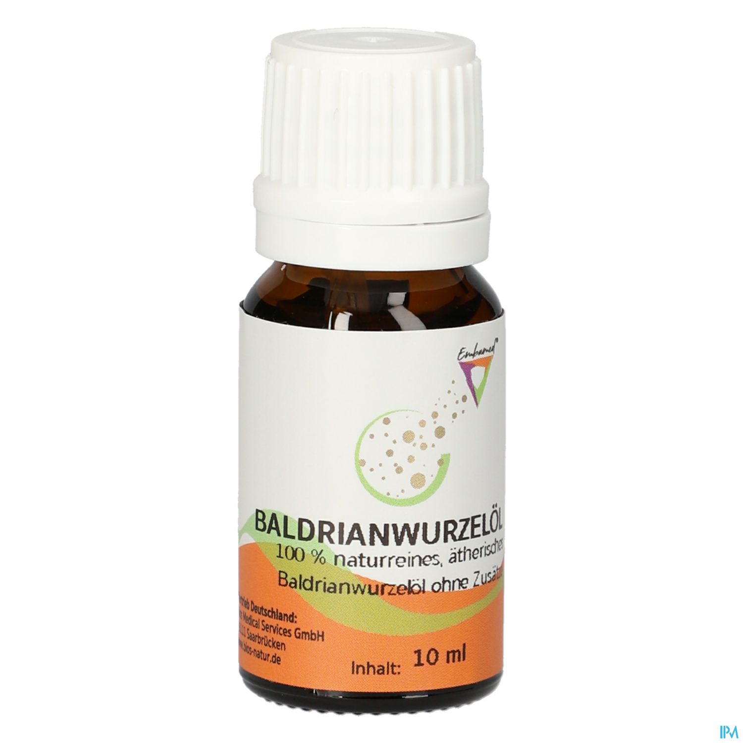 Braune Glasflasche mit weißem Schraubverschluss, etikettiert mit "Baldrianwurzöl" und Hinweis auf 100 % natürliche, ätherische Inhaltsstoffe. Flasche enthält 10 ml.