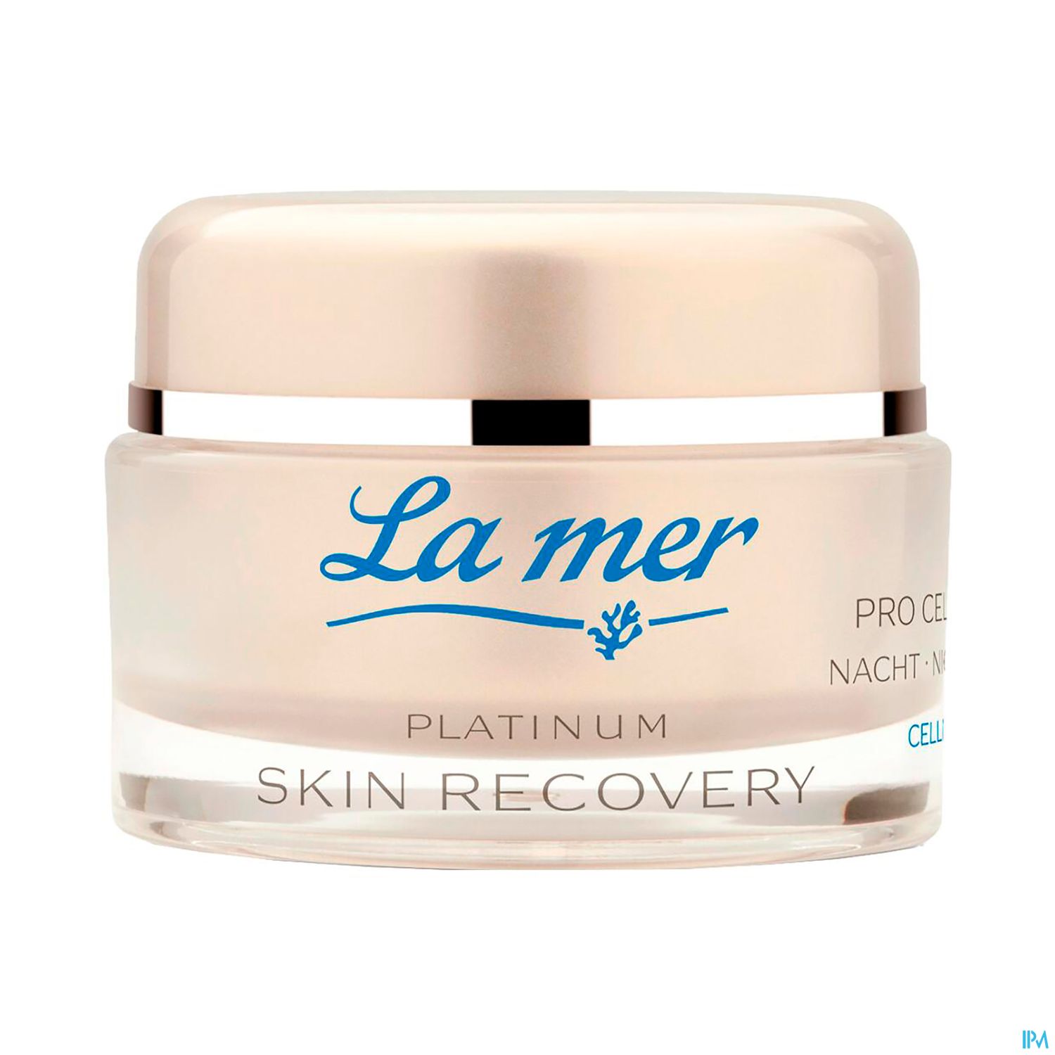 Tiegel mit Hautpflegecreme der Marke La mer, beschriftet mit "La mer Platinum Skin Recovery" und "Pro Cell Nacht- & Tagescreme".