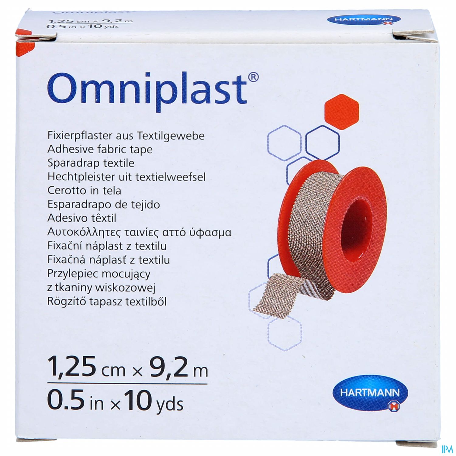 Verpackung des Omniplast Fixierpflasters aus Textilgewebe, mit Angaben zu Größe und Verwendung.
