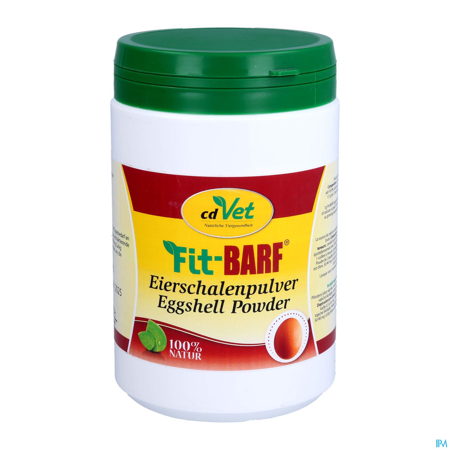 Becher mit Eierschalenpulver von cdVet, gekennzeichnet als 100% Natur.