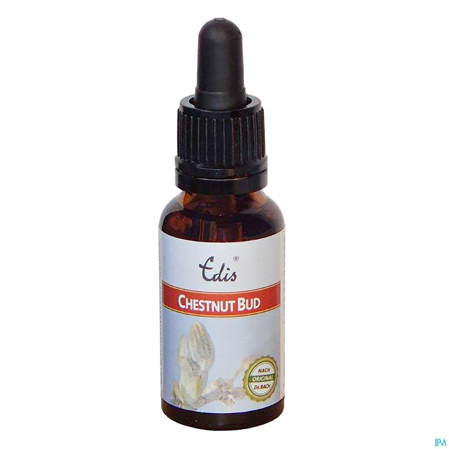 Braunglasflasche mit Pipette, beschriftet mit "Edel's Chestnut Bud".