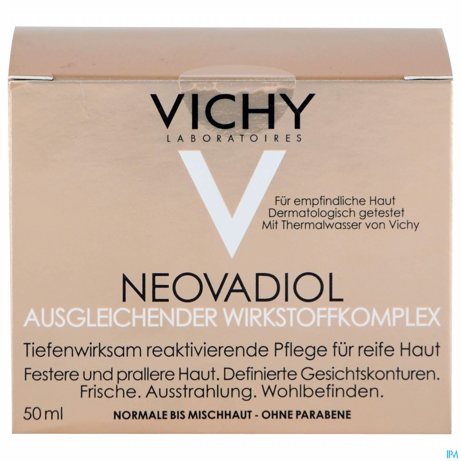 Produktverpackung von Vichy Neovadiol, 50 ml, mit Beschreibung für reife Haut und dermatologischen Hinweisen.