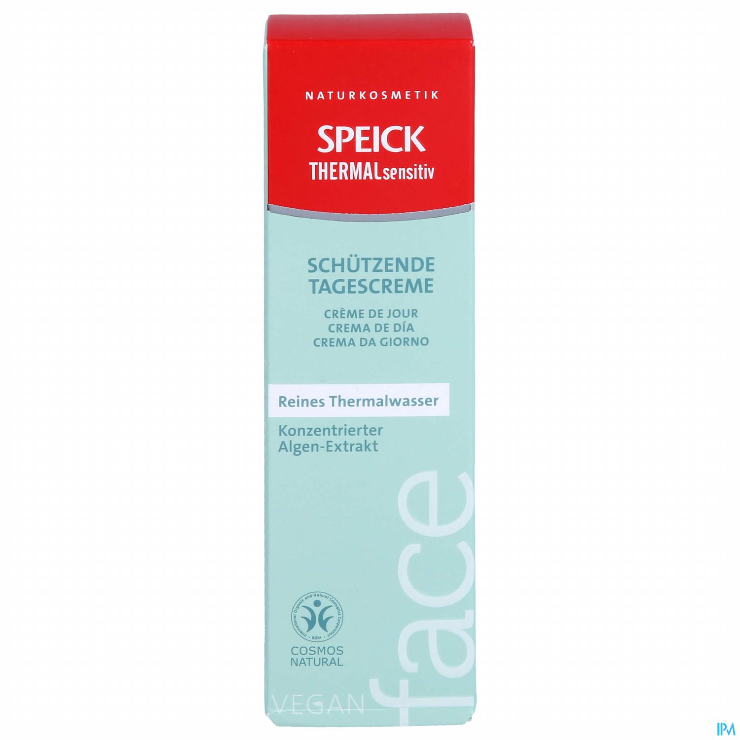 Verpackung der Speick Thermal Sensitiv schützenden Tagescreme mit Informationen zu Inhaltsstoffen und Qualität.