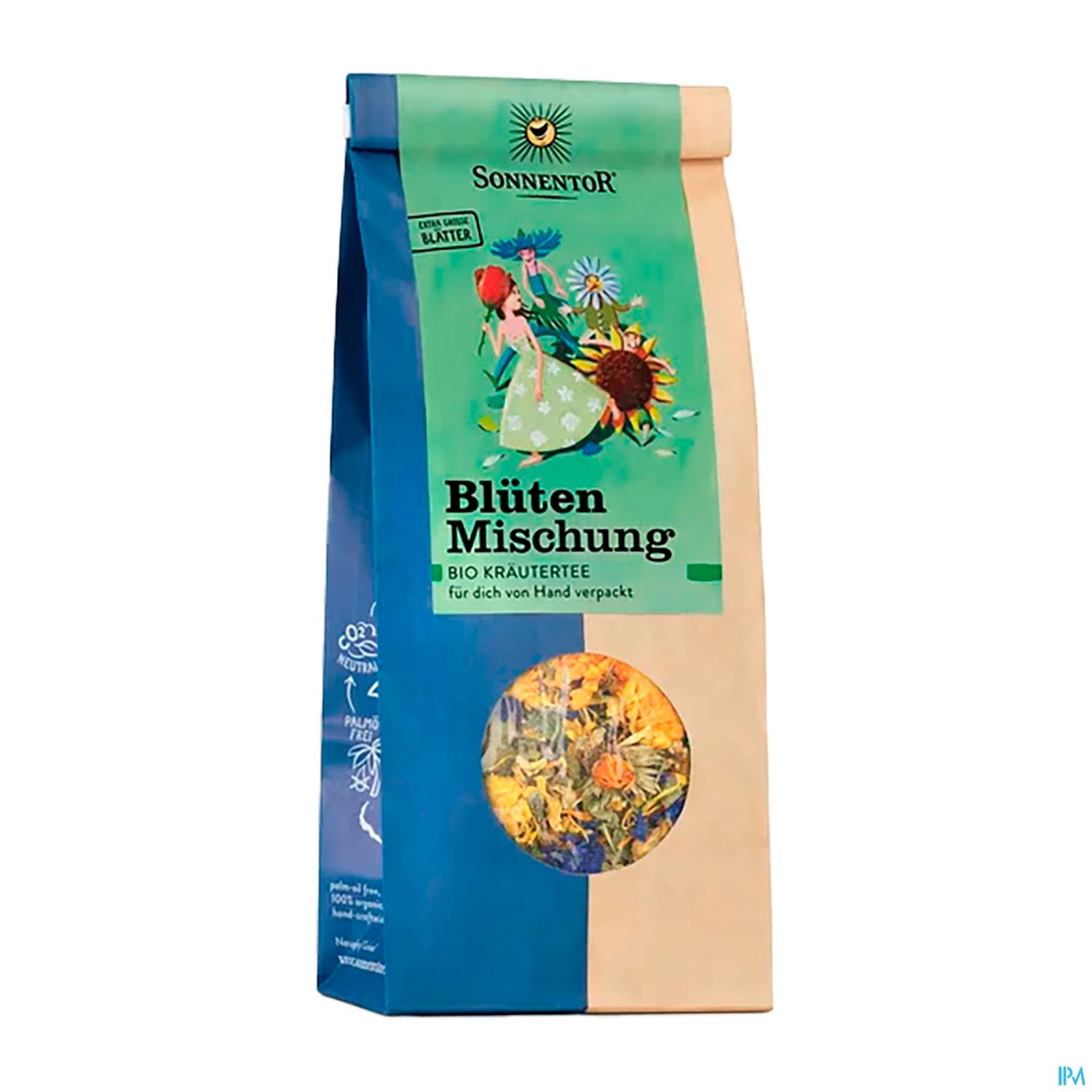 Verpackung von Sonnentor Blüten Mischung, einem Bio Kräutertee mit dekorativen Blumenmotiven.