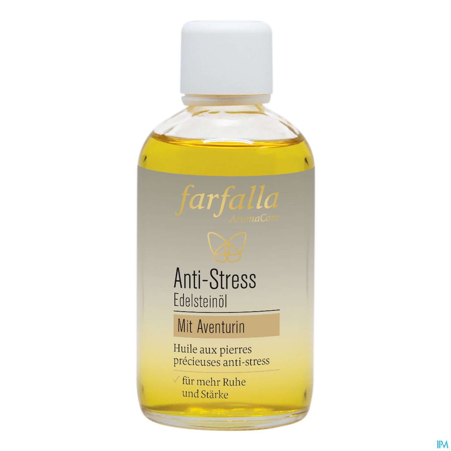 Flasche mit Anti-Stress Edelsteinöl von Farfalla, enthaltenes Öl mit Aventurin.