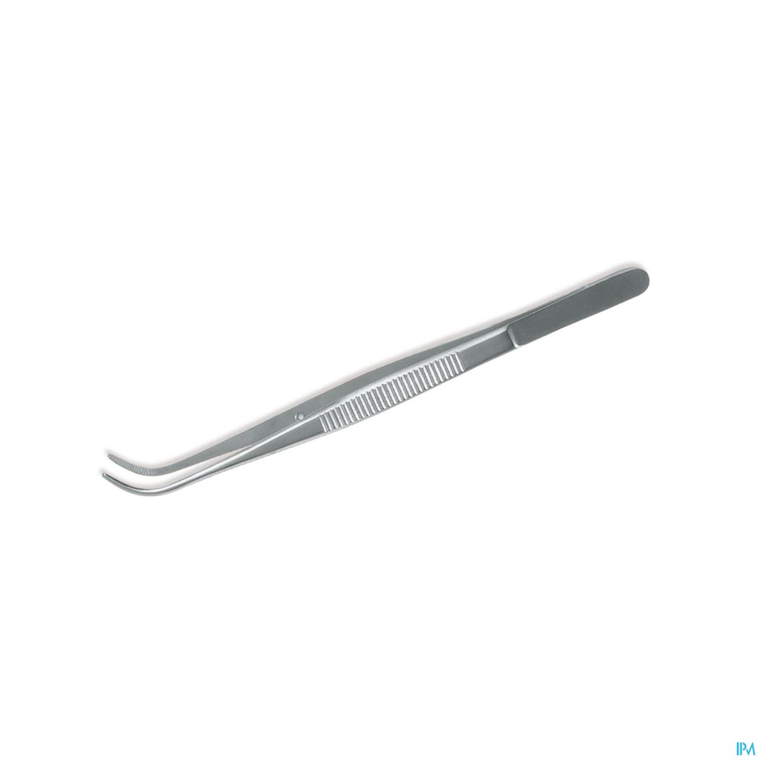 Eine gerade, metallene Pinzette mit zwei gebogenen Spitzen und einer rutschfesten Oberfläche.