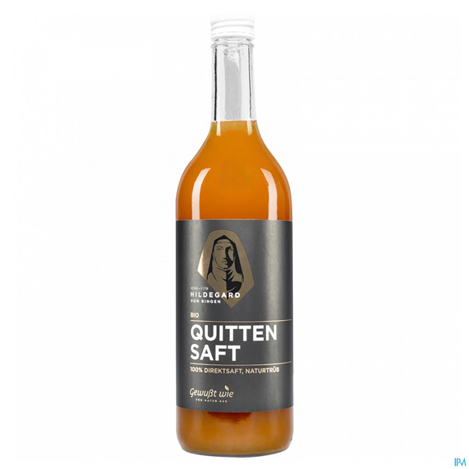 Flasche mit bio QuitSaft, orangefarbenes Getränk, Etikett mit der Aufschrift "Hildegard bio Quitten Saft 100% Direktsaft, naturtrüb".