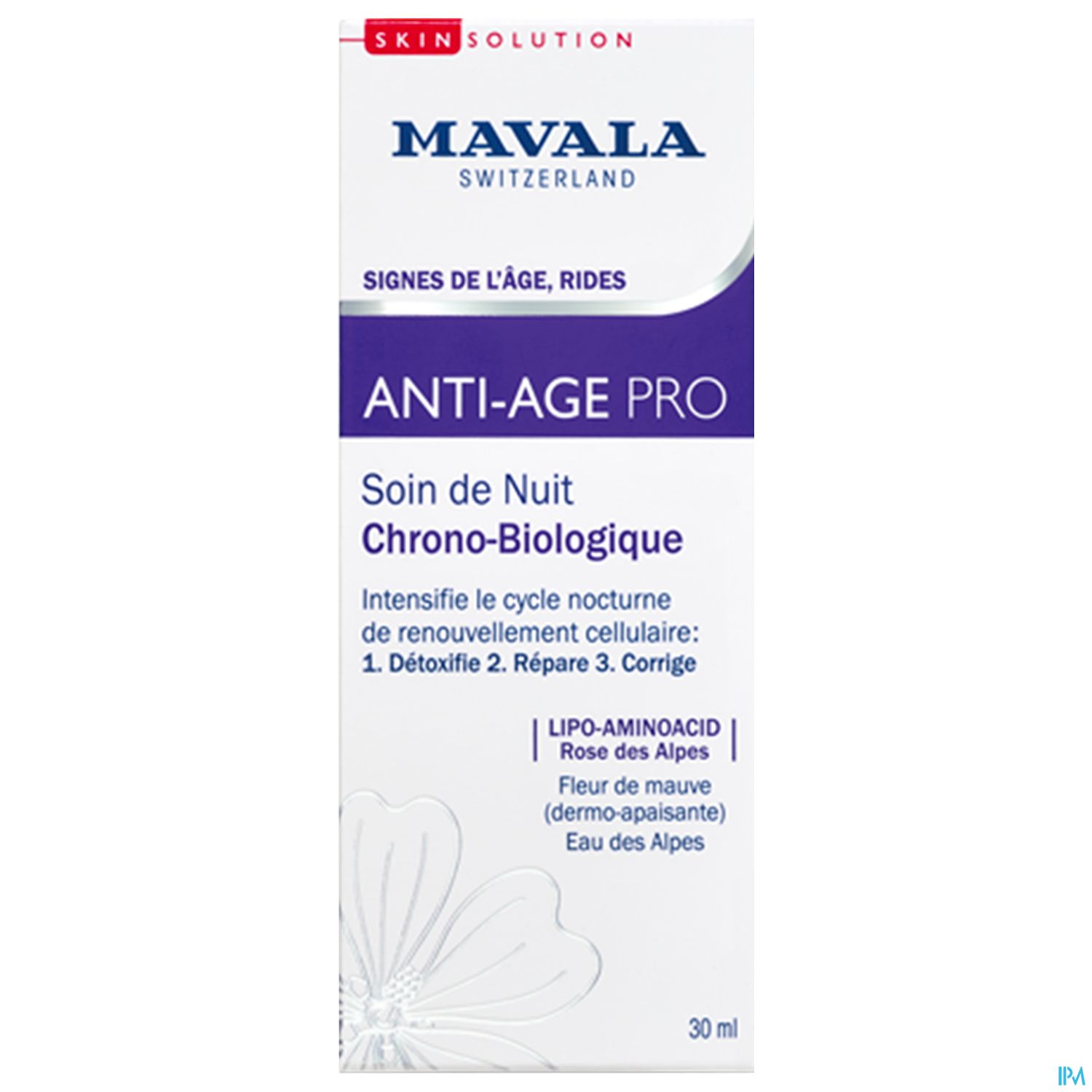 Produktverpackung von Mavala Anti-Age Pro, 30 ml, mit Hinweisen zur Anwendung als Nachtpflege für die Haut und Inhaltsstoffen wie Lipo-Aminosäuren und Alpenwasser.
