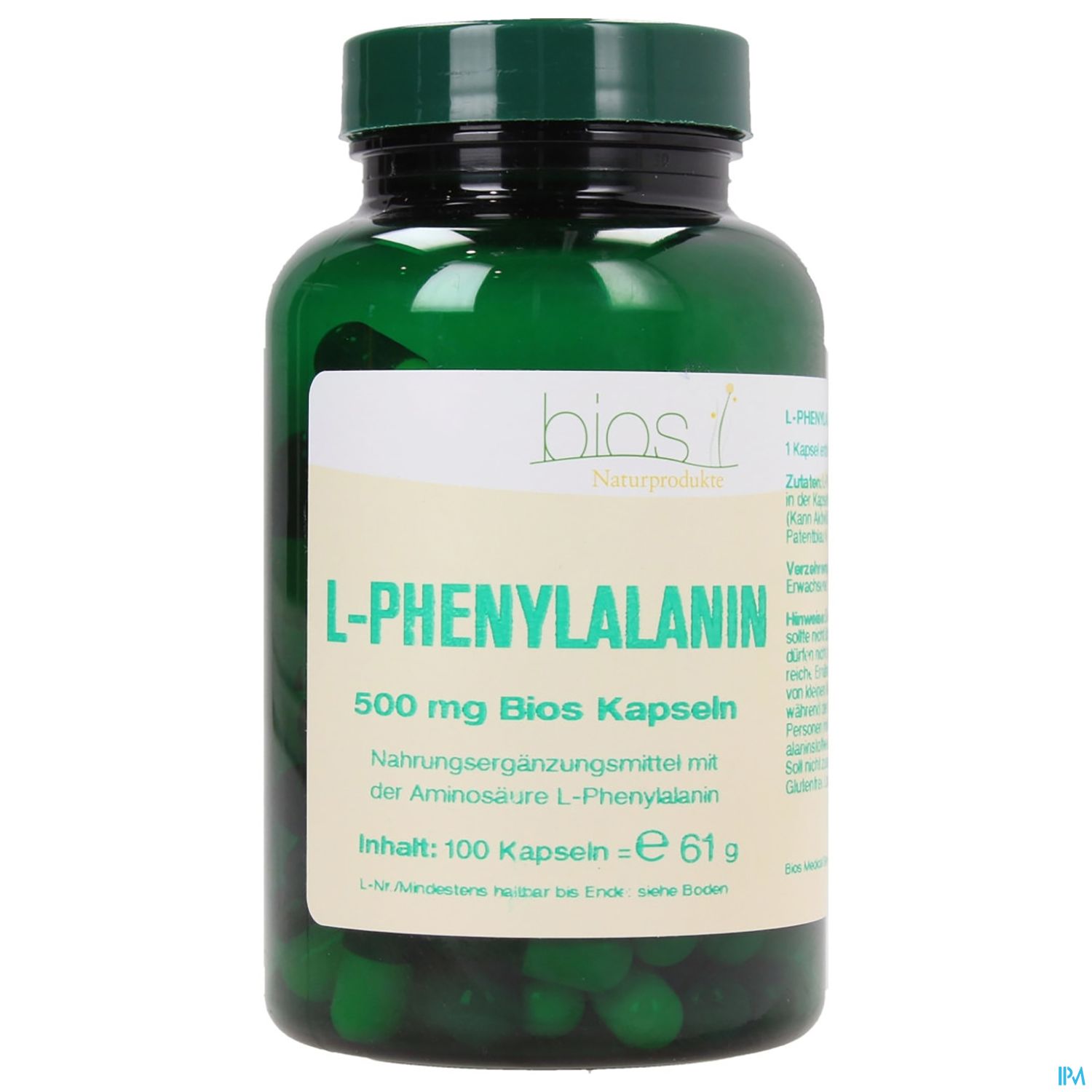 Grüner Behälter mit Kapseln, Etikett beschreibt L-Phenylalanin 500 mg, enthält 100 Kapseln.