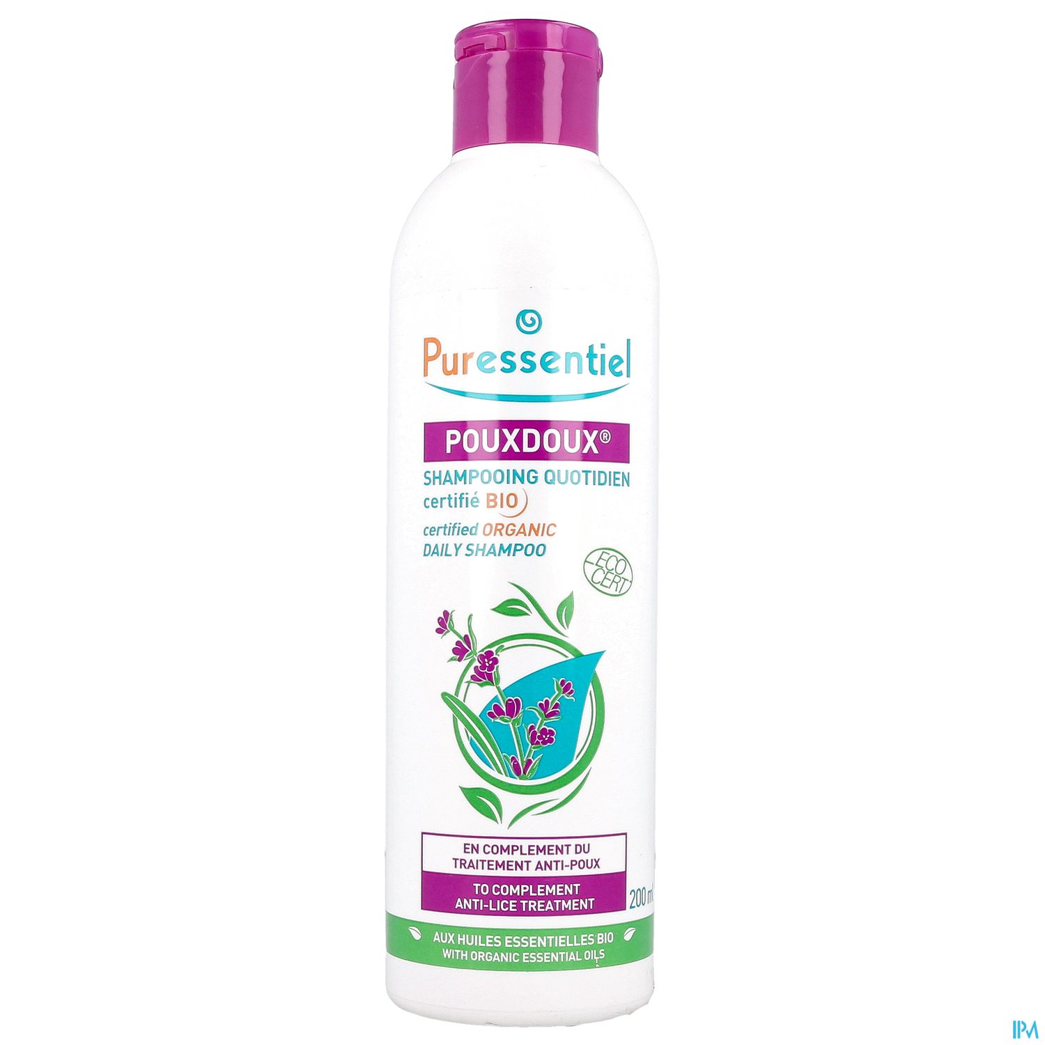 Flasche mit PouxDoux Bio-Shampoo für den täglichen Gebrauch, verziert mit Pflanzenmotiven und lila Kappe.