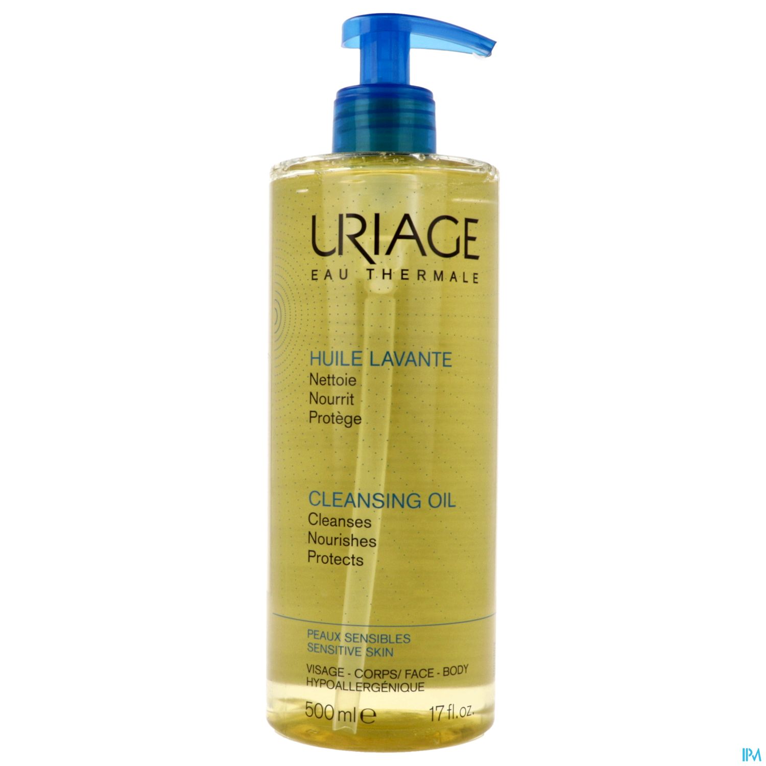 Flasche mit Reinigungsöl von Uriage, 500 ml, mit blauem Pumpspender und mehrsprachigem Etikett.