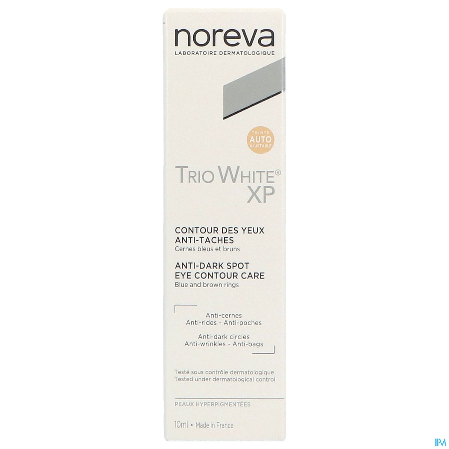 Produktverpackung von Noreva Trio White XP, einem Augenpflegeprodukt gegen dunkle Flecken, mit der Aufschrift in französischer und englischer Sprache.