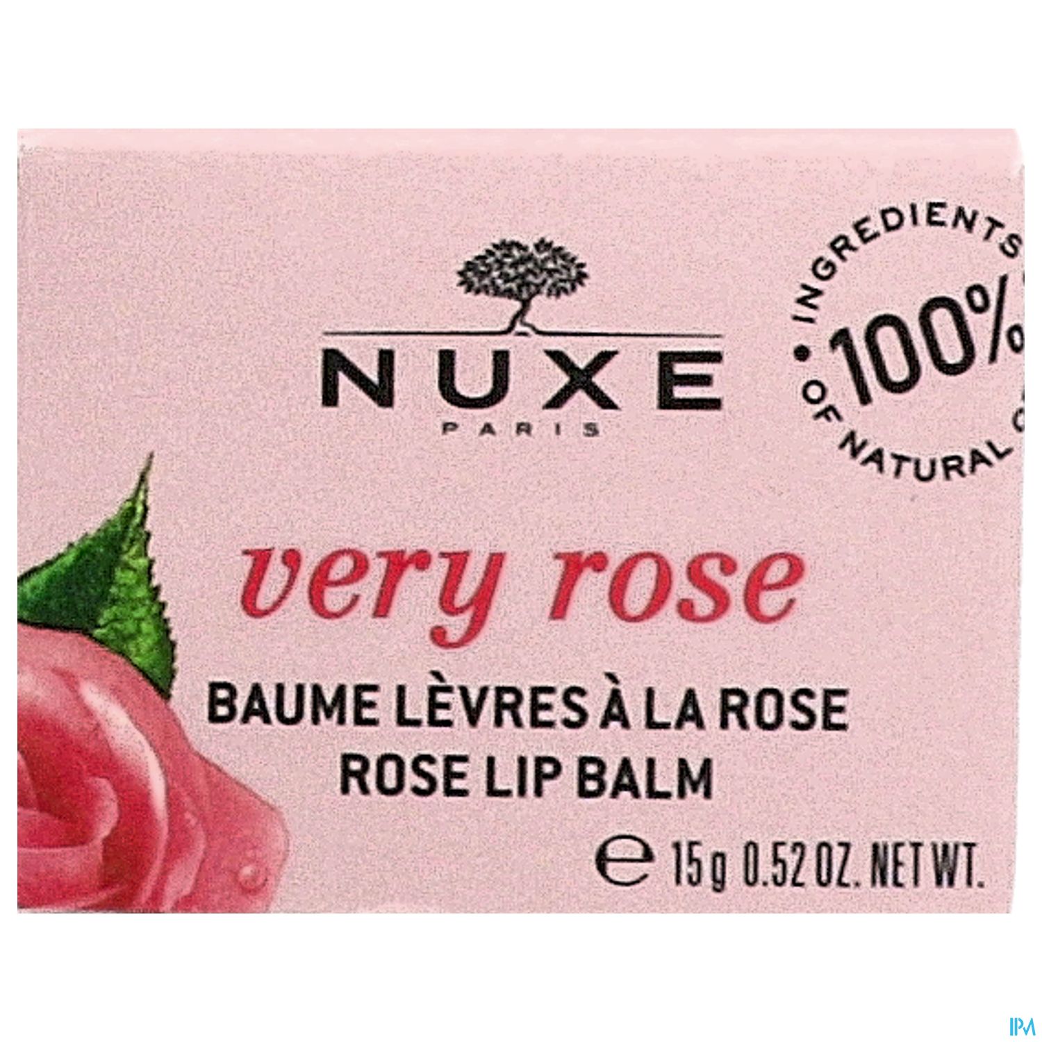 Verpackung eines Lippenbalsams von NUXE mit dem Namen "very rose", rosa Hintergrund und einer Blume.
