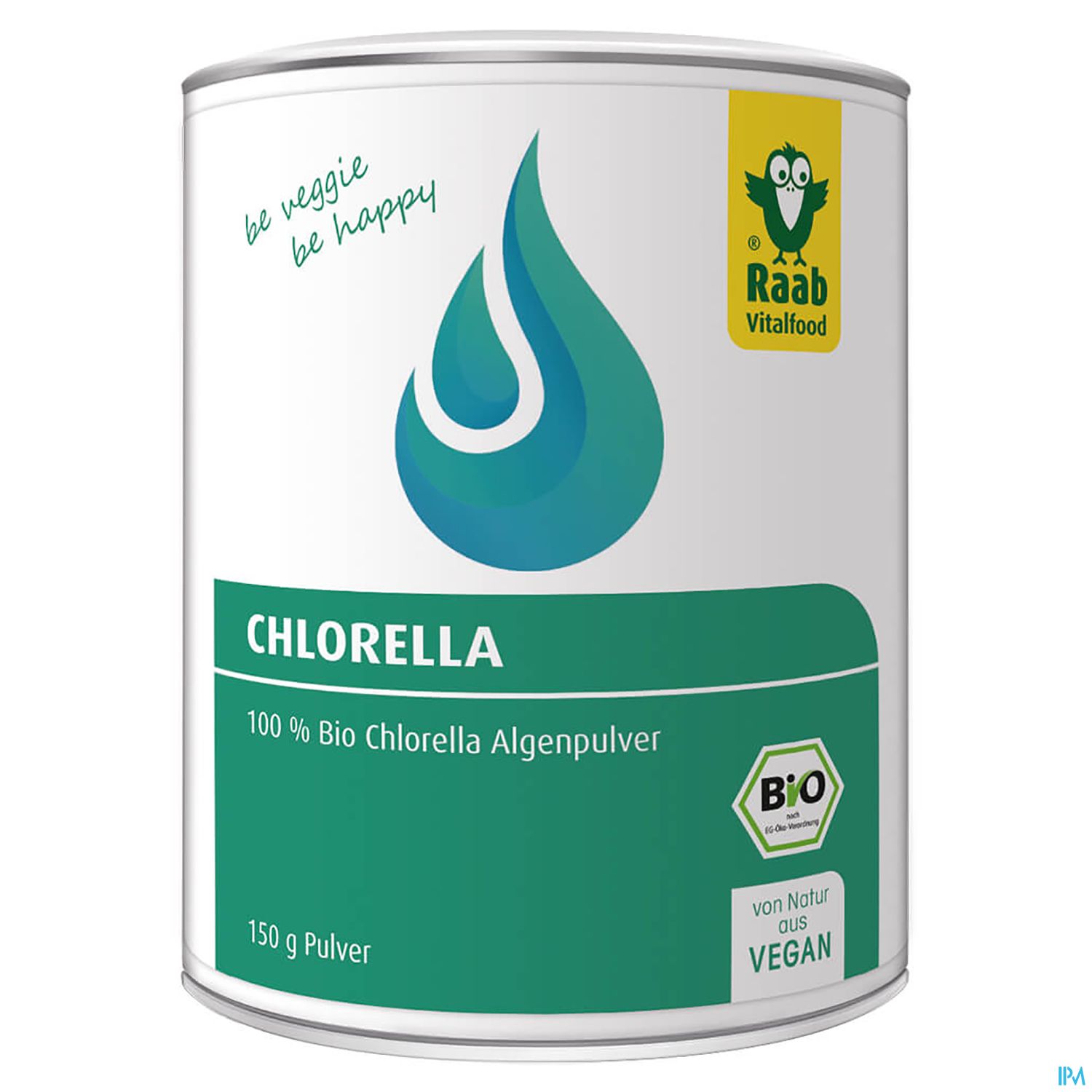 Dose mit 100 % Bio Chlorella Algenpulver, 150 g, grün mit Logo von Raab Vitalfood und dem Text "be veggie be happy".