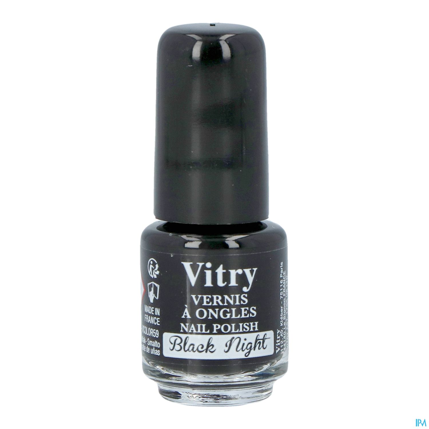 Schwarzer Nagellack in einem Glasfläschchen mit schwarzem Deckel, beschriftet mit "Vitry Vernis à Ongles Black Night".