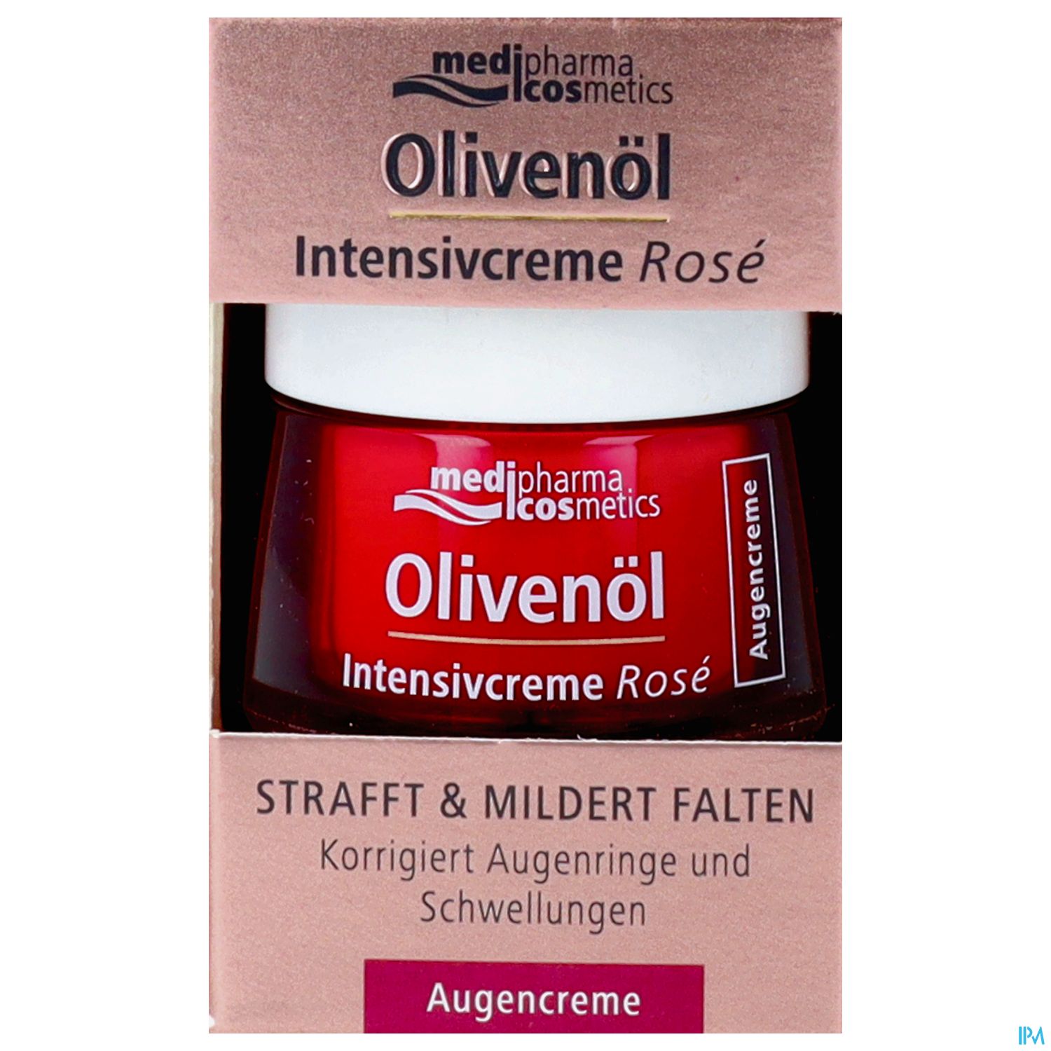 Rosa Intensivcreme mit Olivenöl in einem Verpackungsdesign, das die Vorteile wie Faltenminderung und Korrektur von Augenschatten hervorhebt.