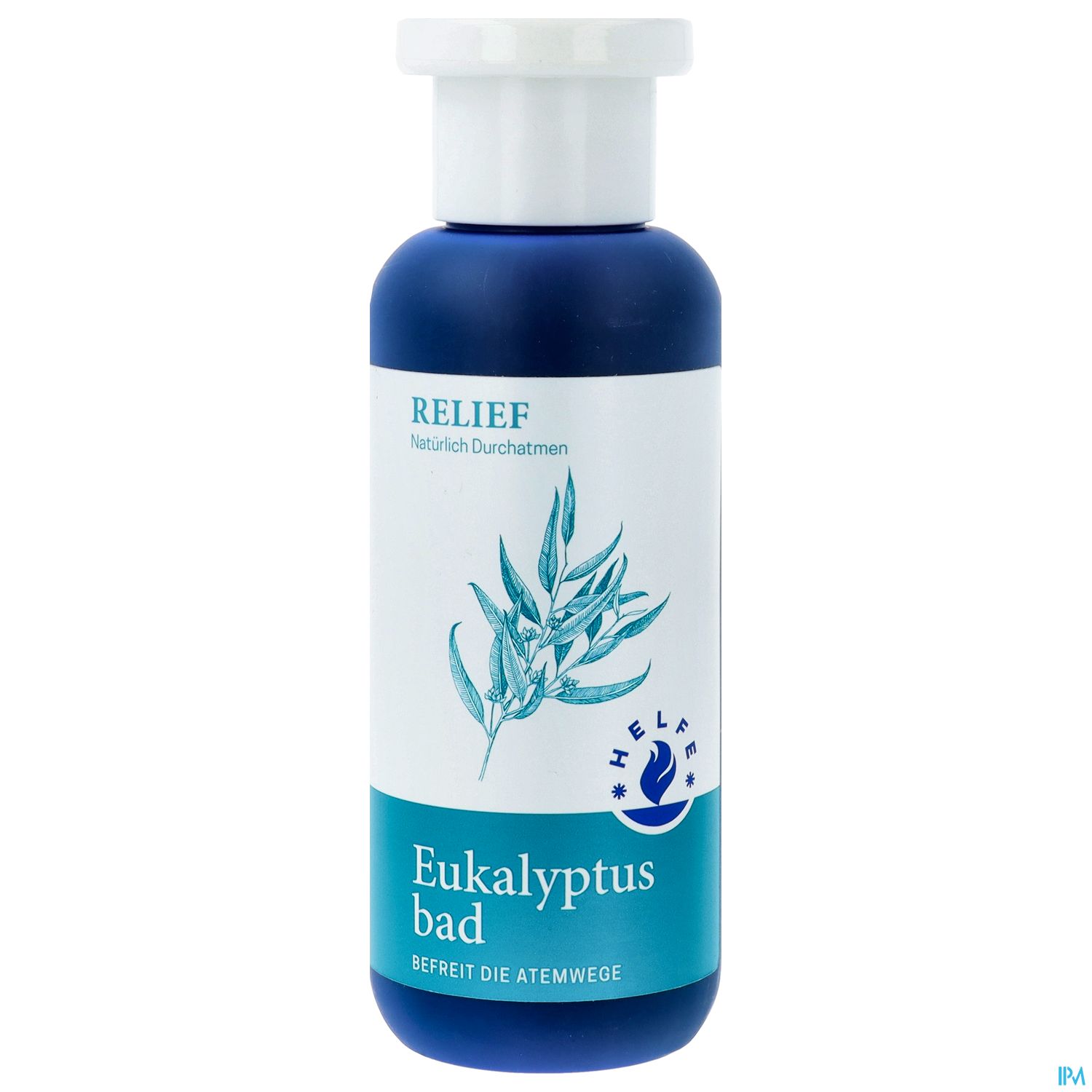 Flasche mit Eukalyptusbad, beschriftet mit "RELIEF" und dem Text "befreit die Atemwege".