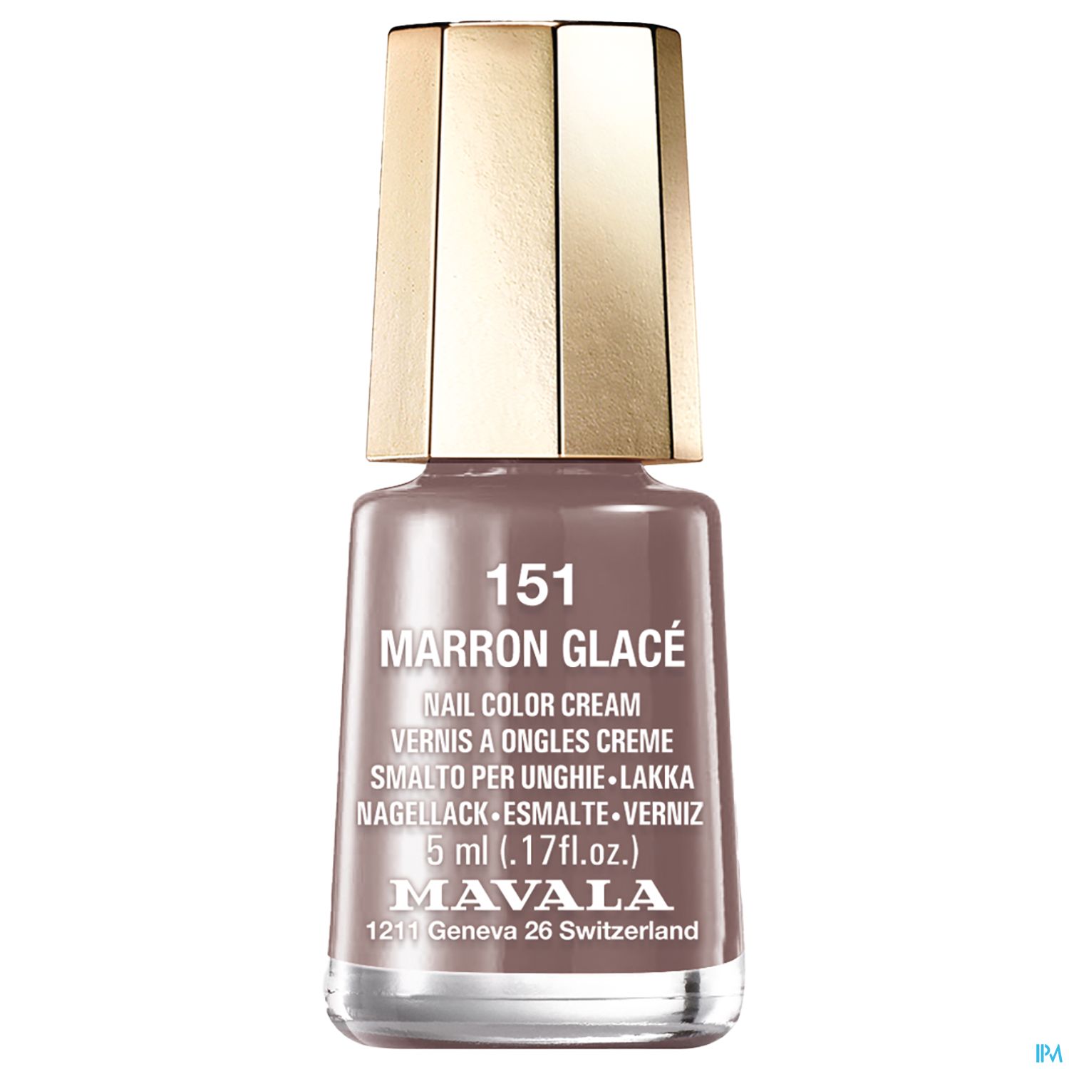 Nagellackflasche der Marke Mavala in der Farbe "Marron Glacé" mit goldener Kappe und beige-braunem Inhalt.