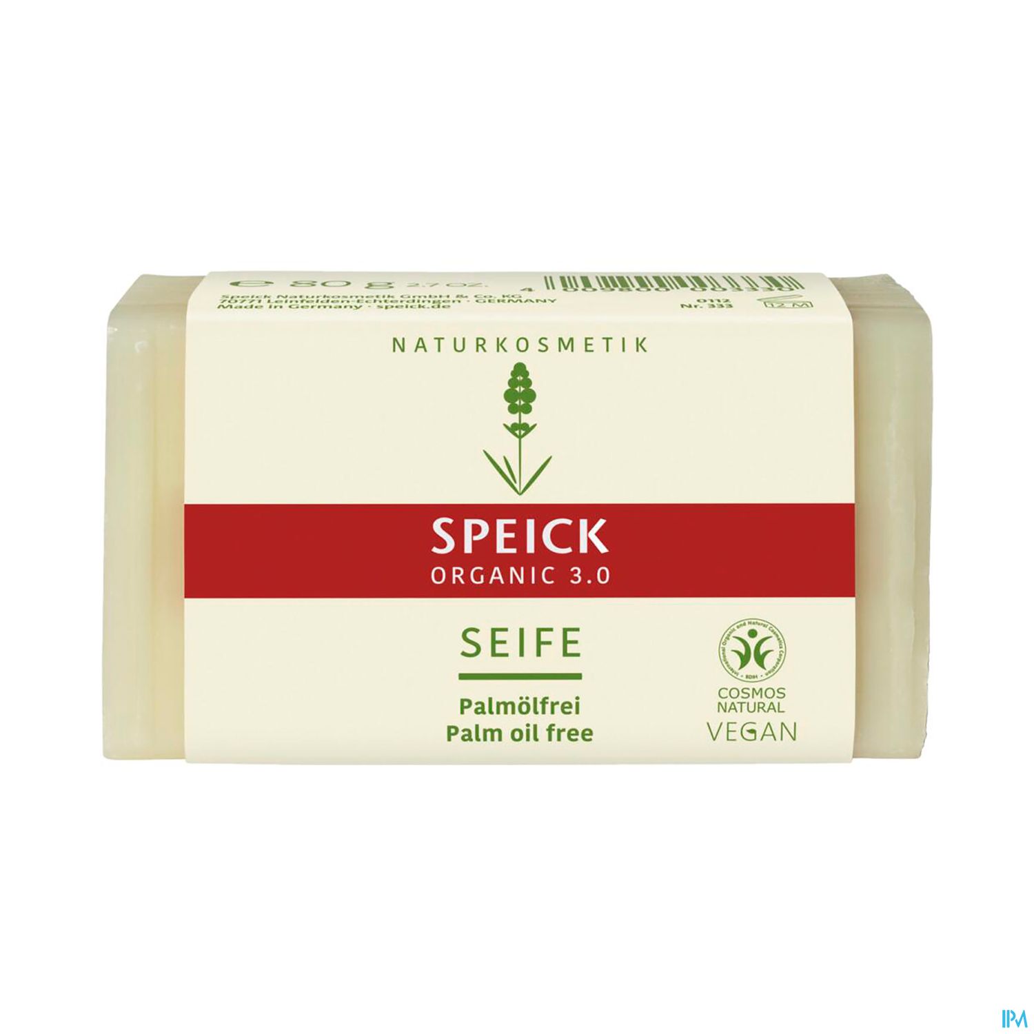 Seife der Marke Speick, verpackt in einer weißen Box mit rotem Schriftzug, palmölfrei und vegan.