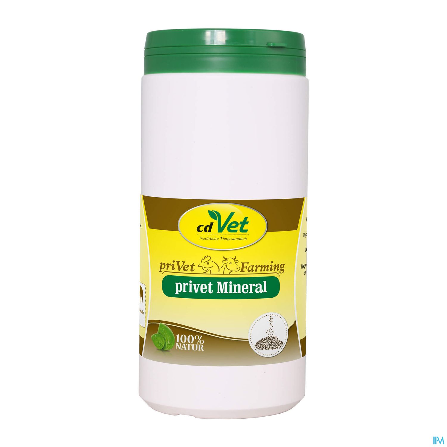 Weißer Plastikbehälter mit grünem Deckel, beschriftet mit "cdVet privet Mineral", 100 % Natur und Informationen zur Anwendung.