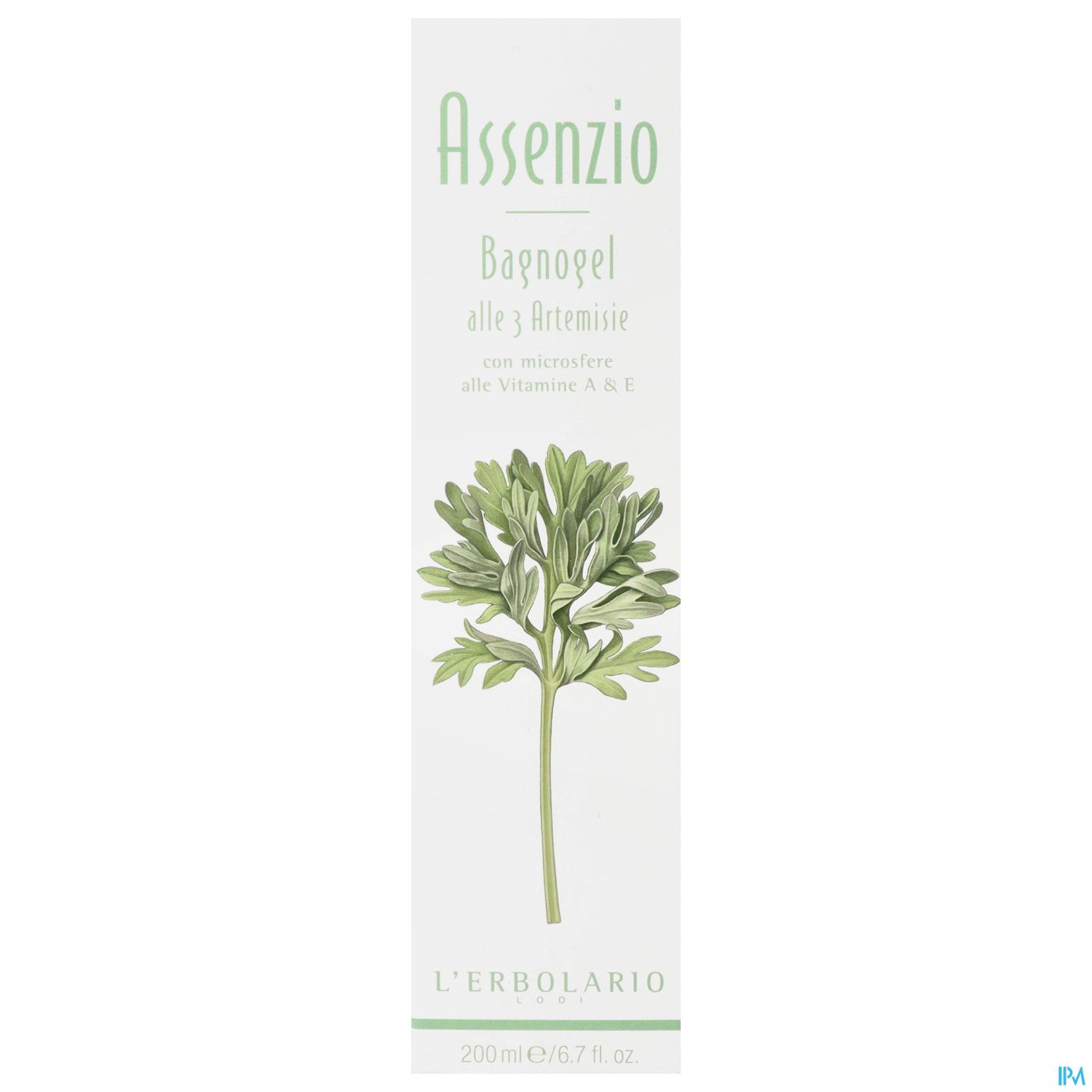 Verpackung eines Duschgels mit dem Namen "Assenzio", das drei Arten von Beifuß enthält, mit Informationen über Vitamine A und E.