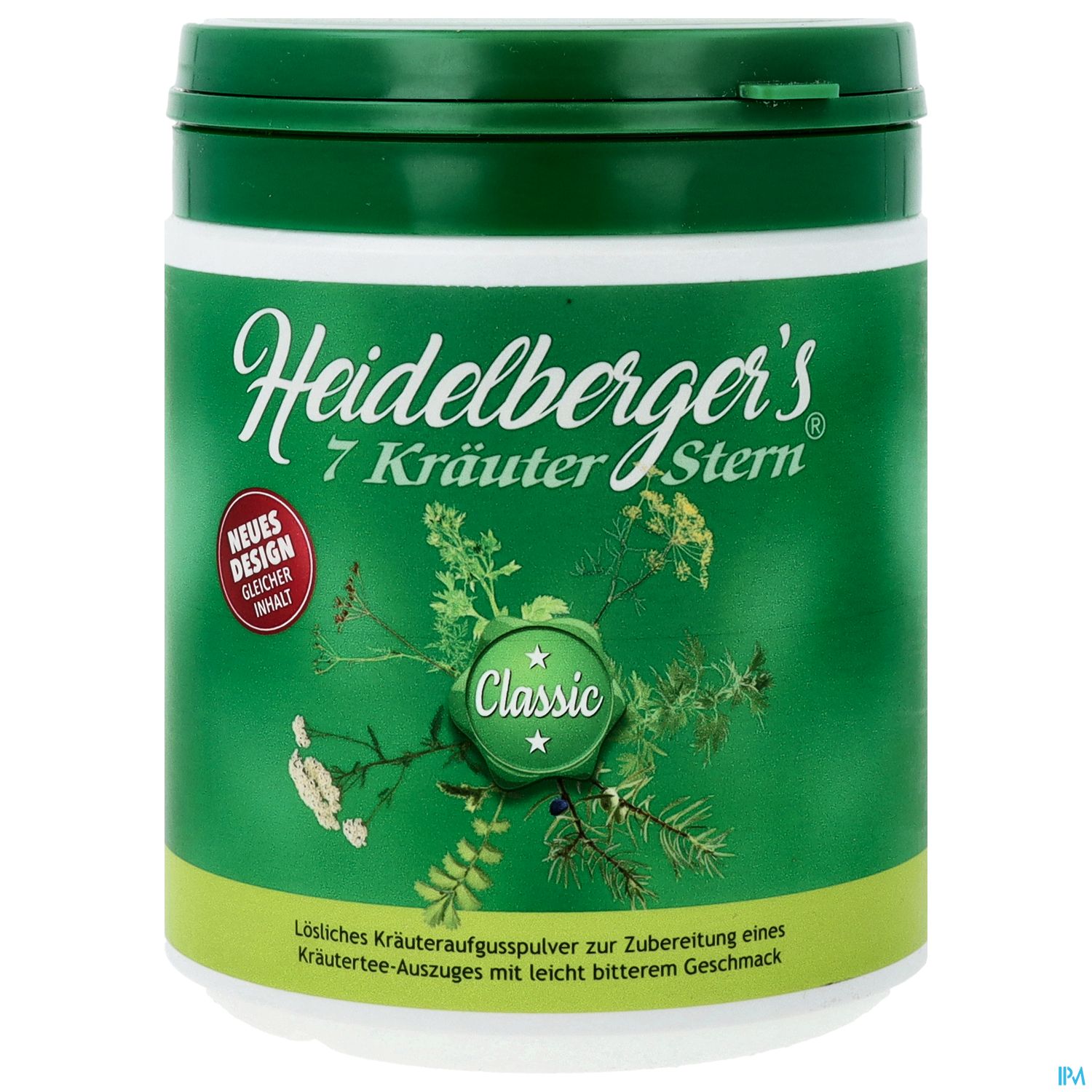 Dose mit Heidelberger's 7 Kräuter-Stern, Kräuteraufguss-Pulver mit grünem Design und dem Hinweis "Neues Design".