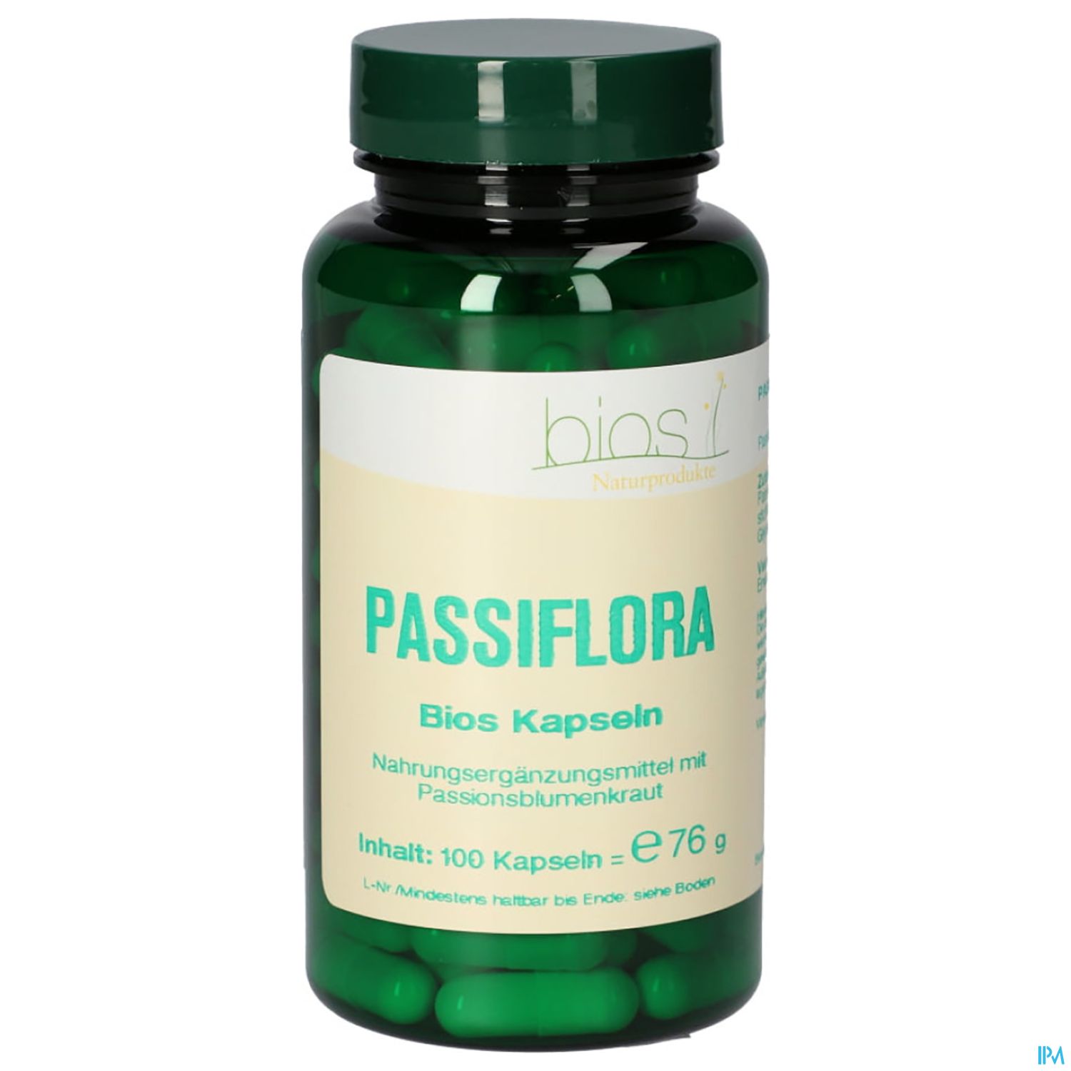 Grüne Kapselpackung mit der Aufschrift "PASSIFLORA Bios Kapseln", Nahrungsergänzungsmittel mit Passionsblume, Inhalt: 100 Kapseln.