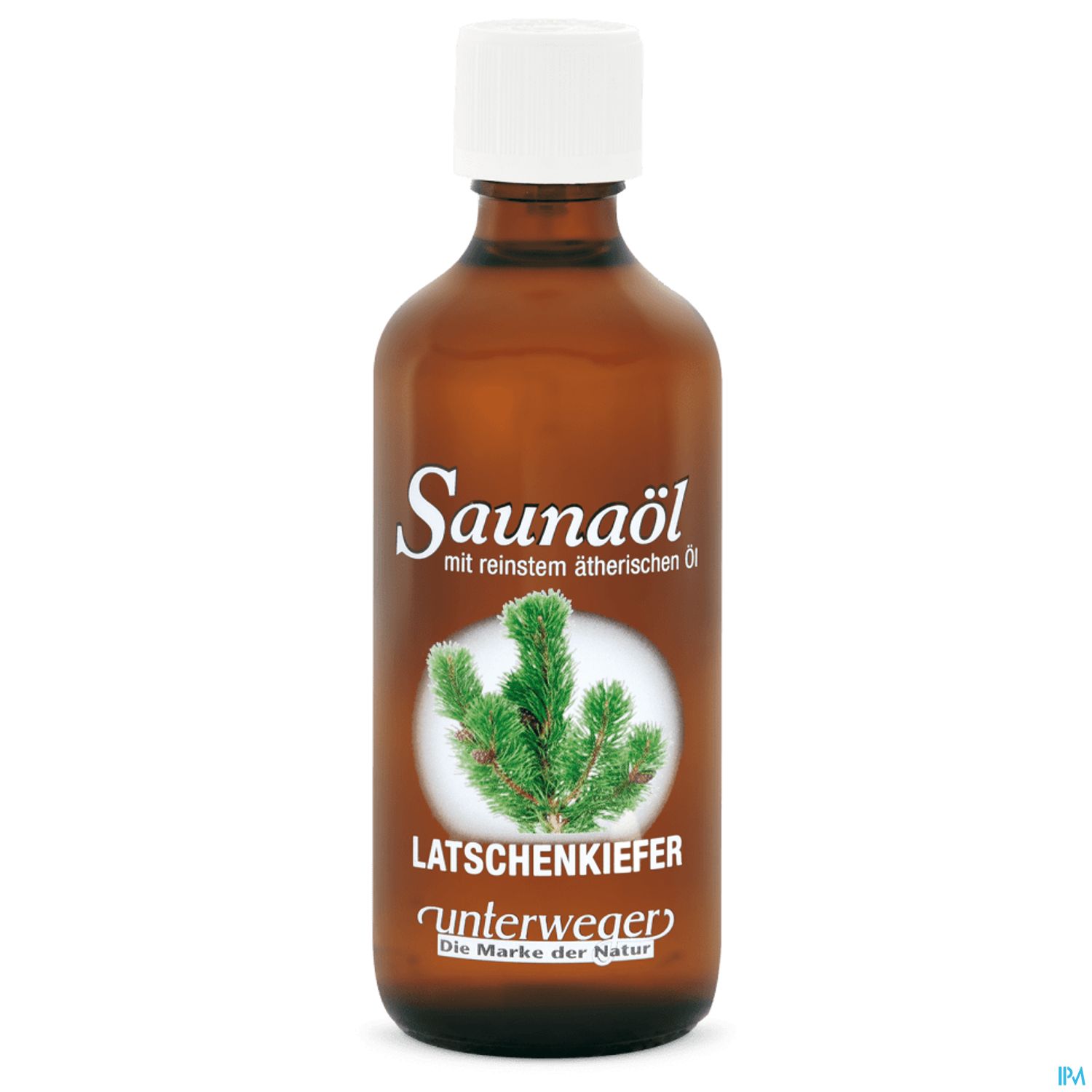 Braune Flasche mit Saunaöl, mit Aufschrift "Saunaöl Latschenkiefer" und Abbildung einer Latschenkiefer.