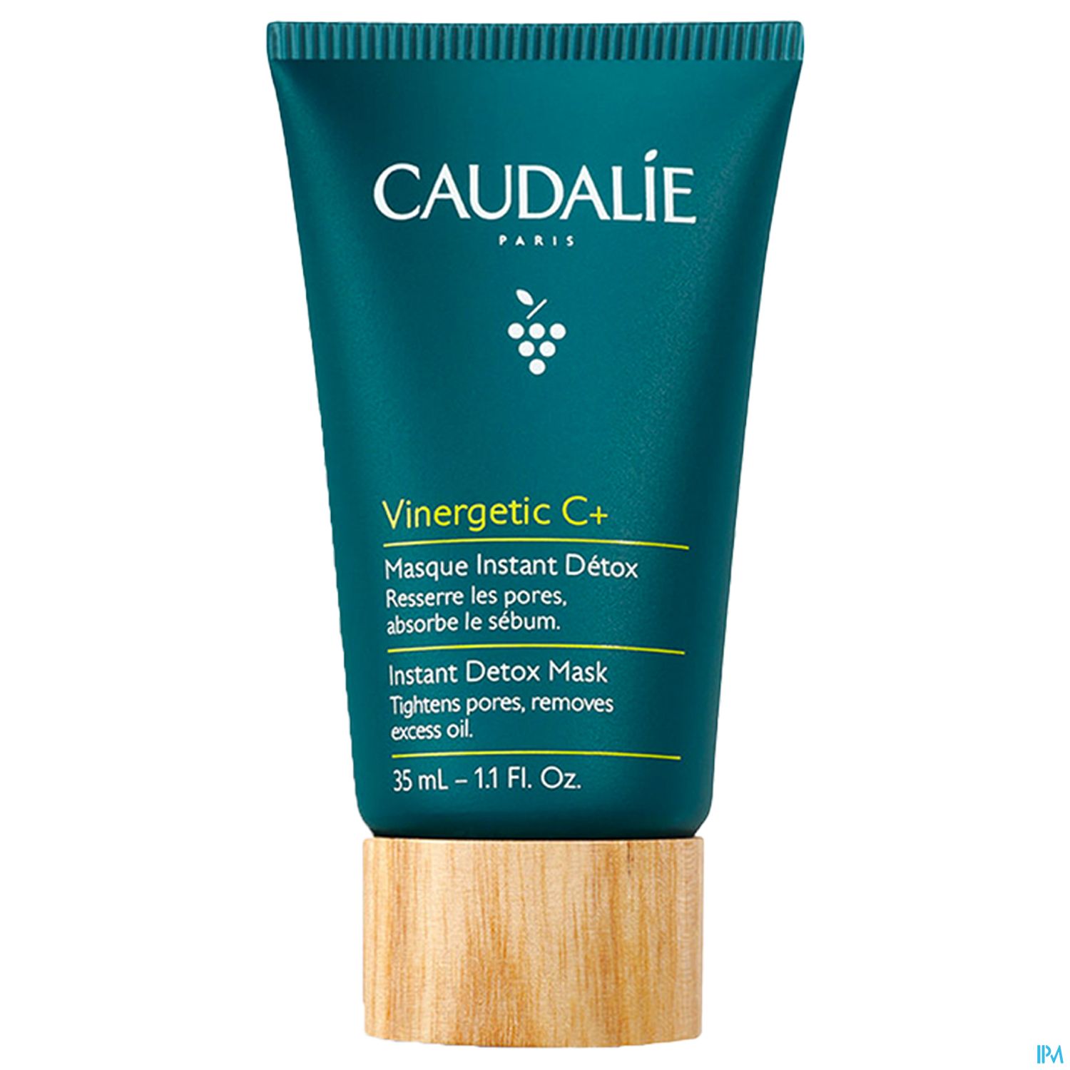 Grüne Tube mit Holzdeckel, beschriftet mit "Caudalie Vinergetic C+ Instant Detox Masque".