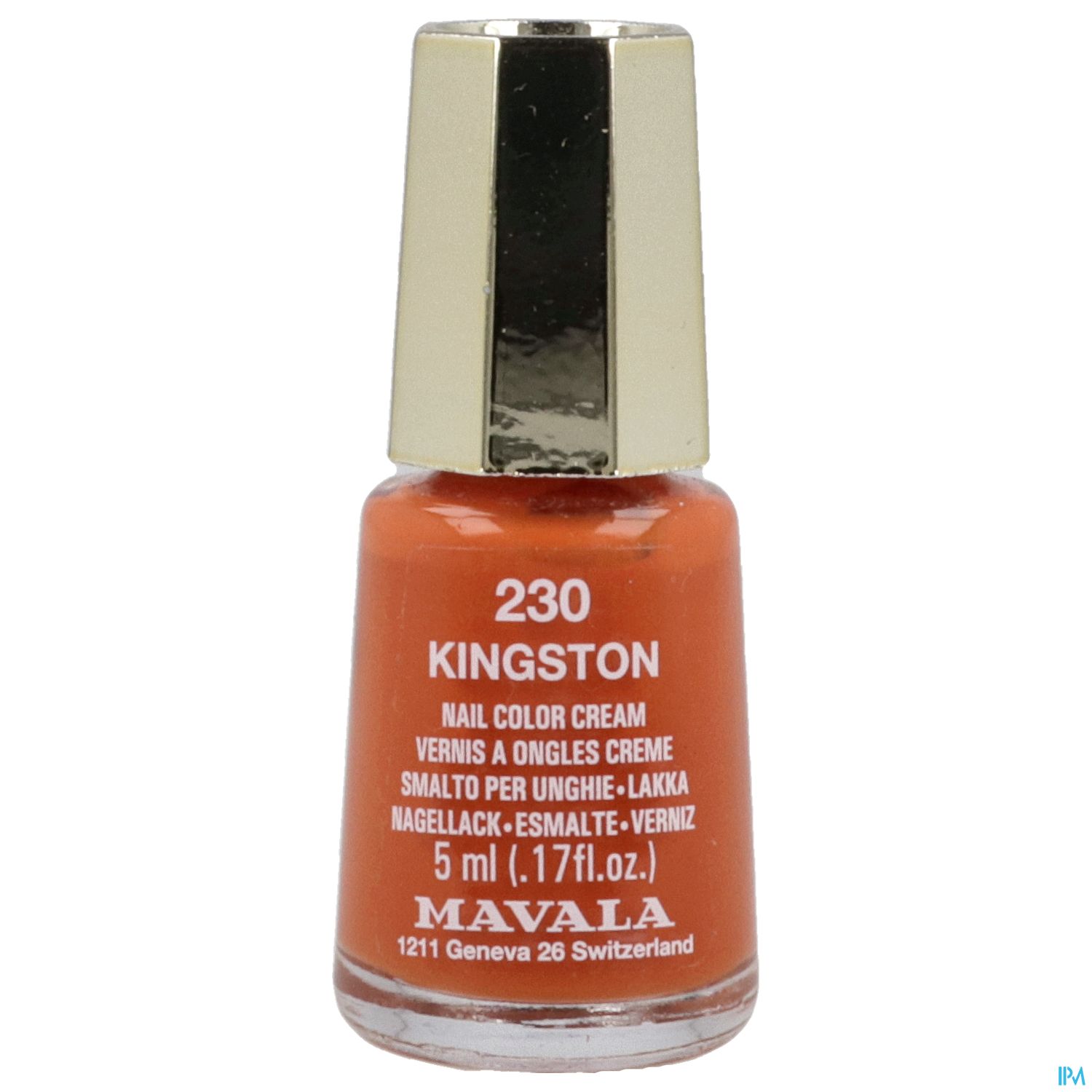 Nagellackflasche der Marke Mavala in der Farbe "Kingston" (Nr. 230) mit goldener Kappe und 5 ml Inhalt.