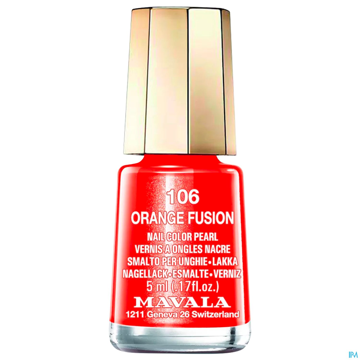 Nagellackflasche mit der Bezeichnung "106 Orange Fusion" von Mavala, mit einem orangefarbenen, schimmernden Farbton.