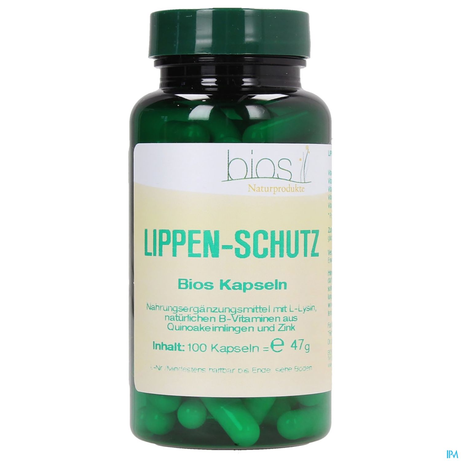 Grüne Kapseln in einer transparenten Flasche mit dem Aufdruck "LIPPEN-SCHUTZ" und Informationen zu Inhalt und Verwendung.