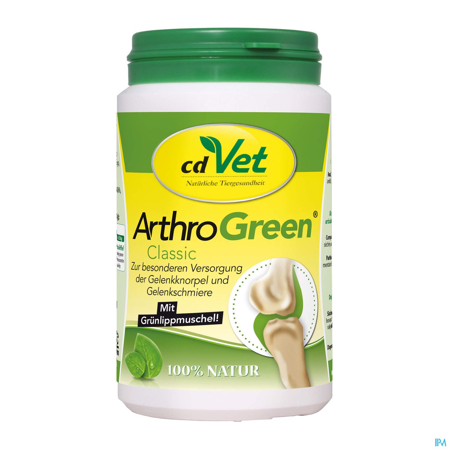 Dose mit ArthroGreen Classic von cdVet zur Unterstützung der Gelenkgesundheit, mit Hinweis auf Inhaltsstoffe.