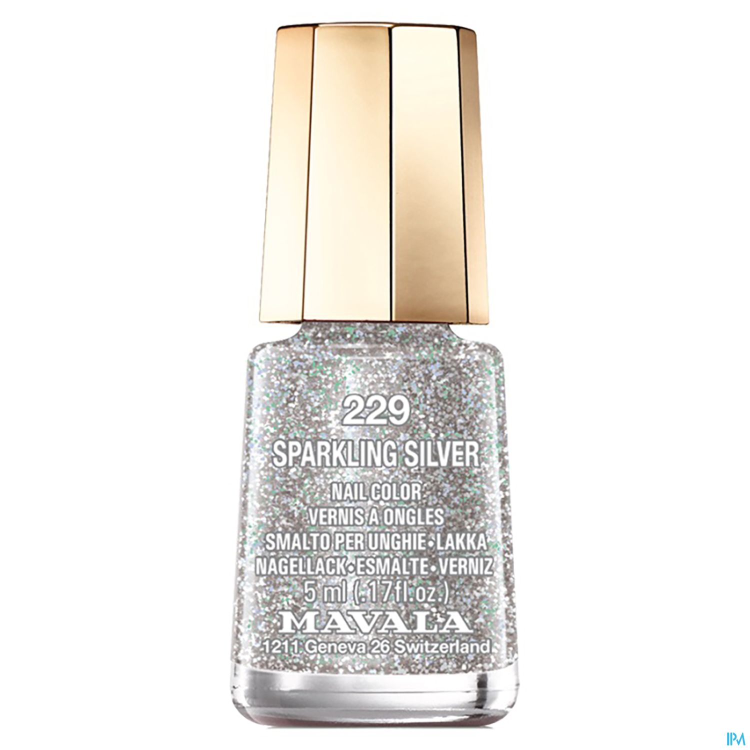 Flasche mit glitzerndem silbernen Nagellack von Mavala, 5 ml.
