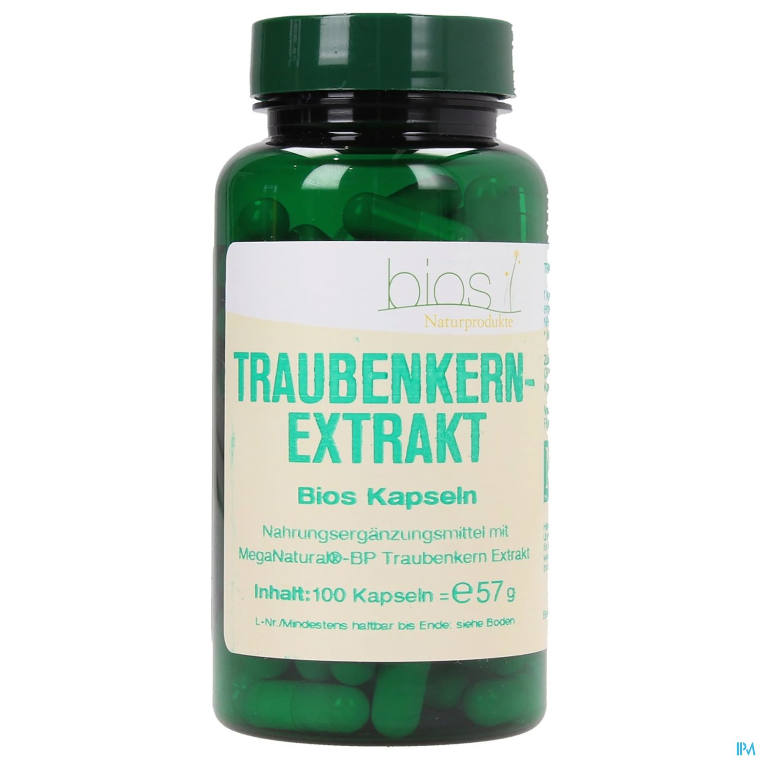 Grüne Kapseln in einem transparenten Behälter mit der Aufschrift "Traubenkern-Extrakt", 100 Kapseln, Nahrungsergänzungsmittel.
