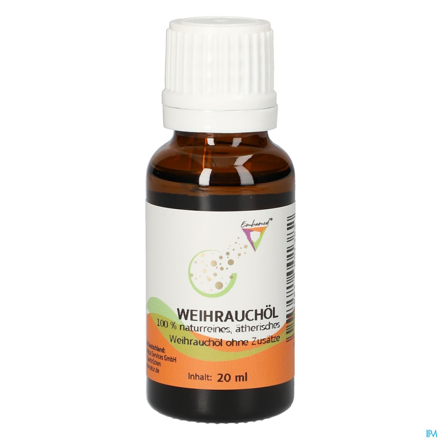 Flasche mit Weihrauchöl, 20 ml, etikettiert mit "100 % naturreines, ätherisches Weihrauchöl ohne Zusätze".