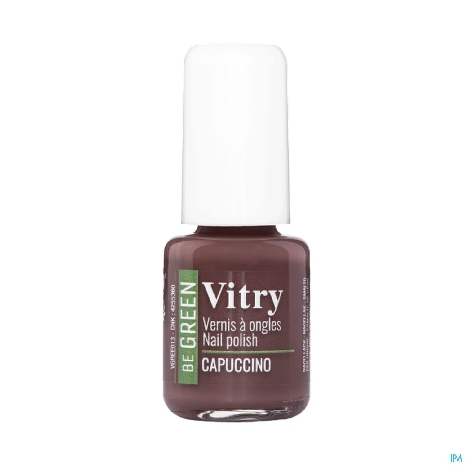 Nagellack Flasche in brauner Farbe mit der Aufschrift "Vitry Be Green Vernis à ongles Capuccino".