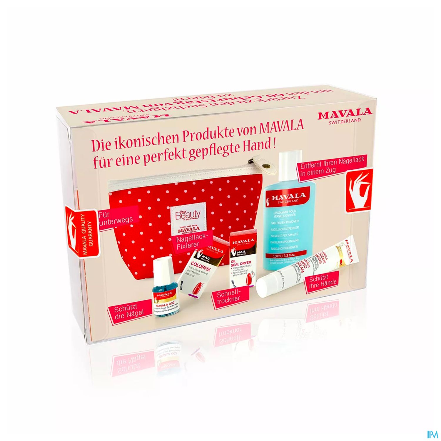 Bild eines Mavala Pflege-Set mit verschiedenen Nagelpflegeprodukten in einer dekorativen Verpackung.