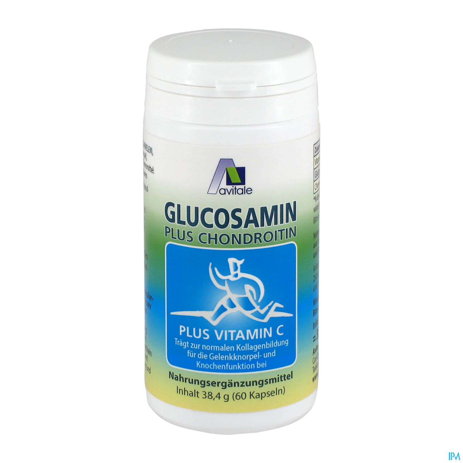 Weißer Flaschenkapselbehälter mit blauem Etikett, der Glucosamin, Chondroitin und Vitamin C enthält.