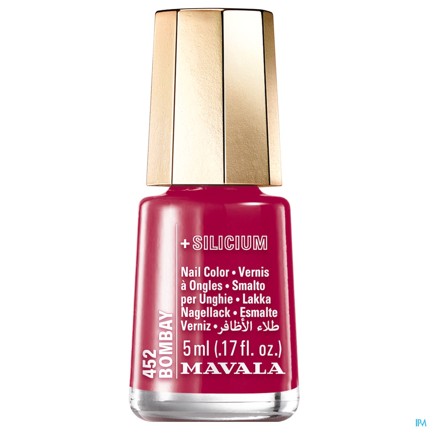 Roter Nagellack in einer transparenten Flasche mit goldfarbenem Deckel, Marke Mavala, Farbnummer 452 Bombay, Inhalt 5 ml.