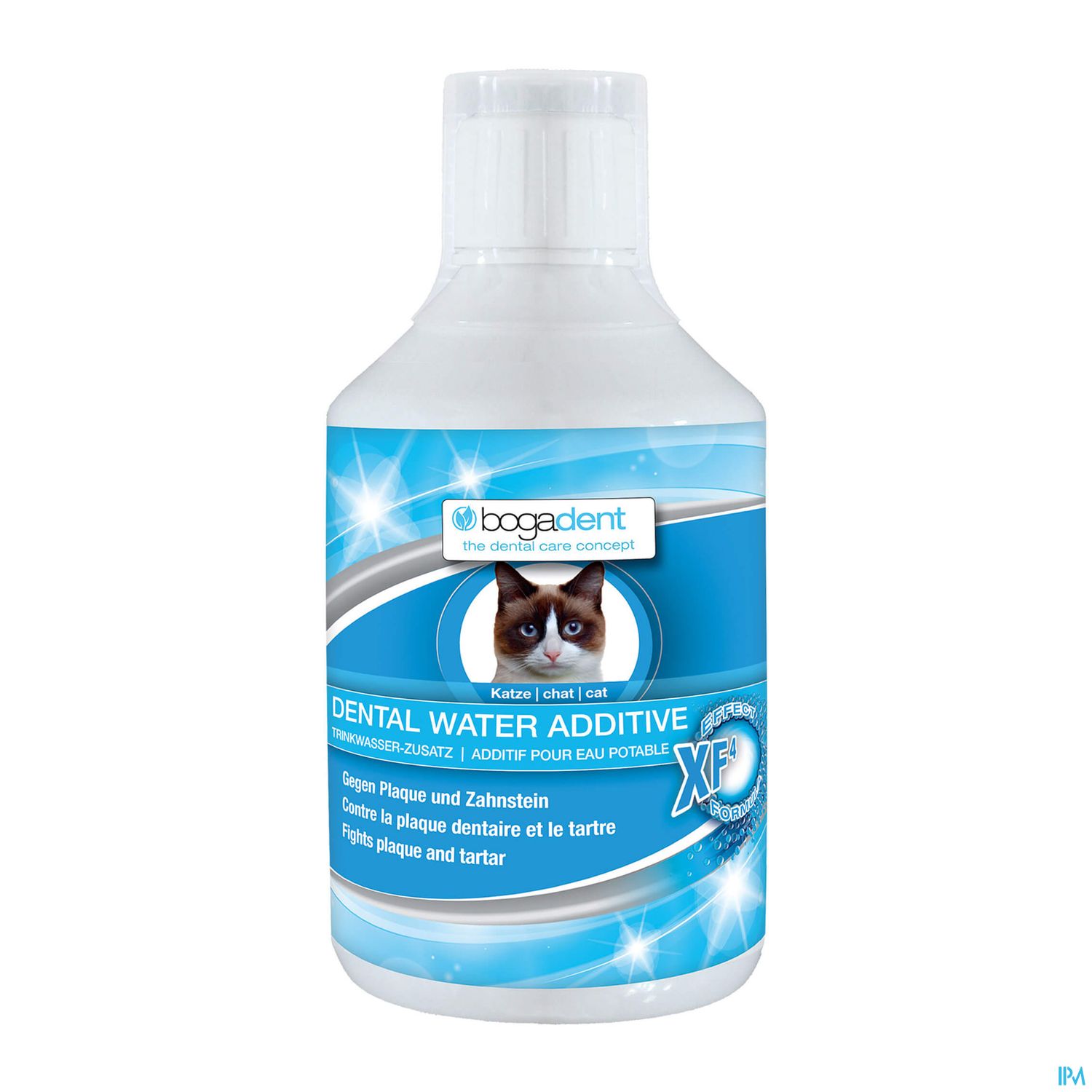 Flasche mit Dentalwasserzusatz für Katzen, etikettiert mit Informationen zur Bekämpfung von Plaque und Zahnstein.