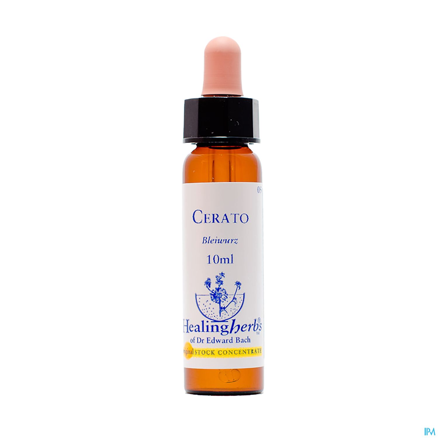 Braunglasflasche mit schwarzem Deckel und Pipette, etikettiert mit "Cerato" und "Healingherbs", 10 ml Inhalt.