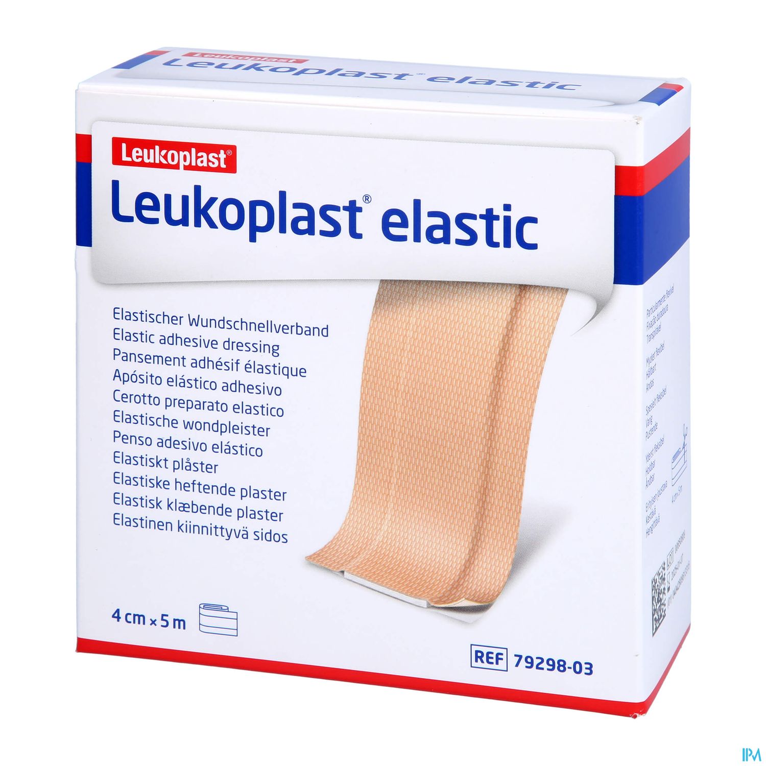 Verpackung eines elastischen Wundschnellverbandes von Leukoplast mit der Aufschrift „Leukoplast elastic“.