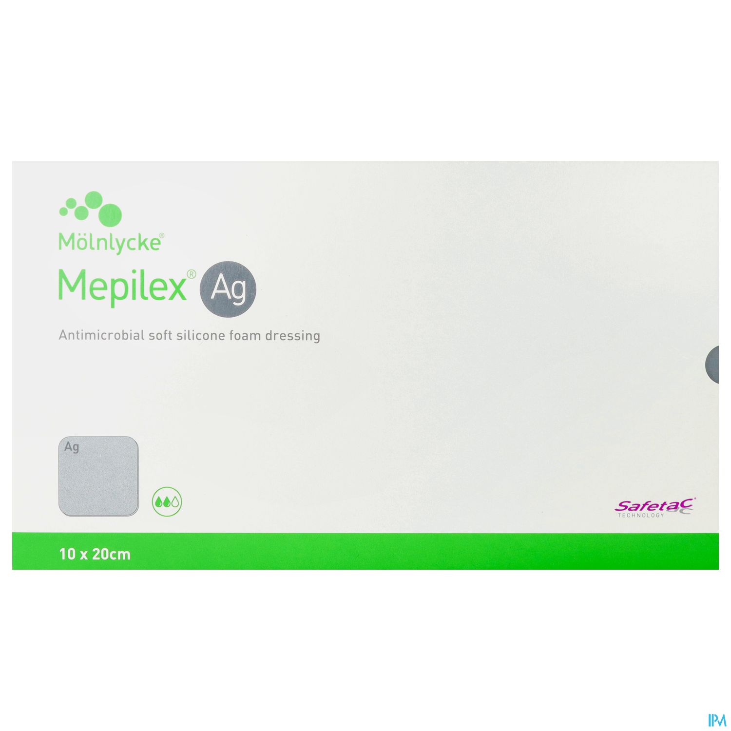 Verpackung eines antimikrobiellen, weichen Silikonverbands "Mepilex Ag" von Mölnlycke, 10 x 20 cm.