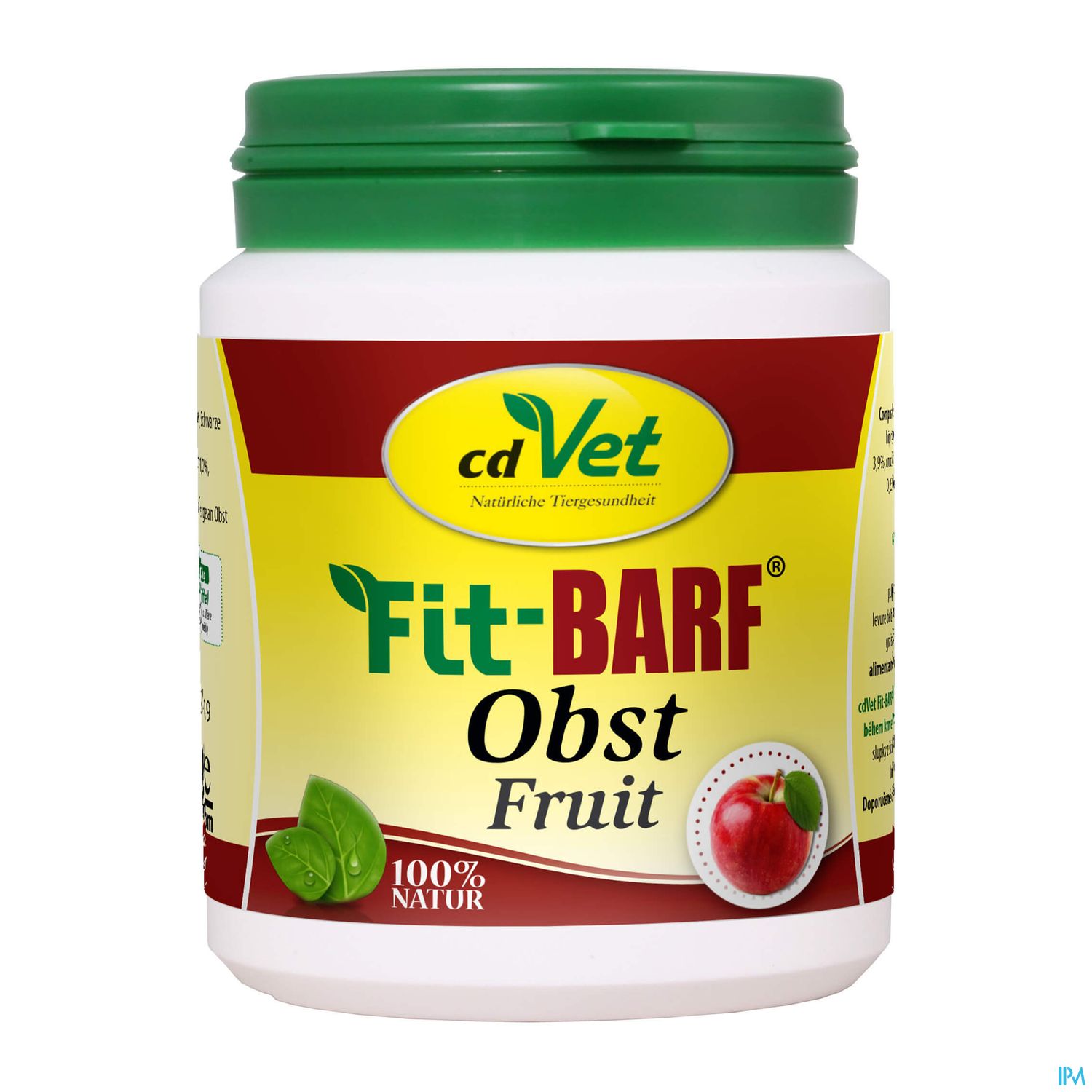 Dose mit grünem Deckel und Etikett "Fitt-BARF Obst" von cdVet, mit der Aufschrift "100% Natur".