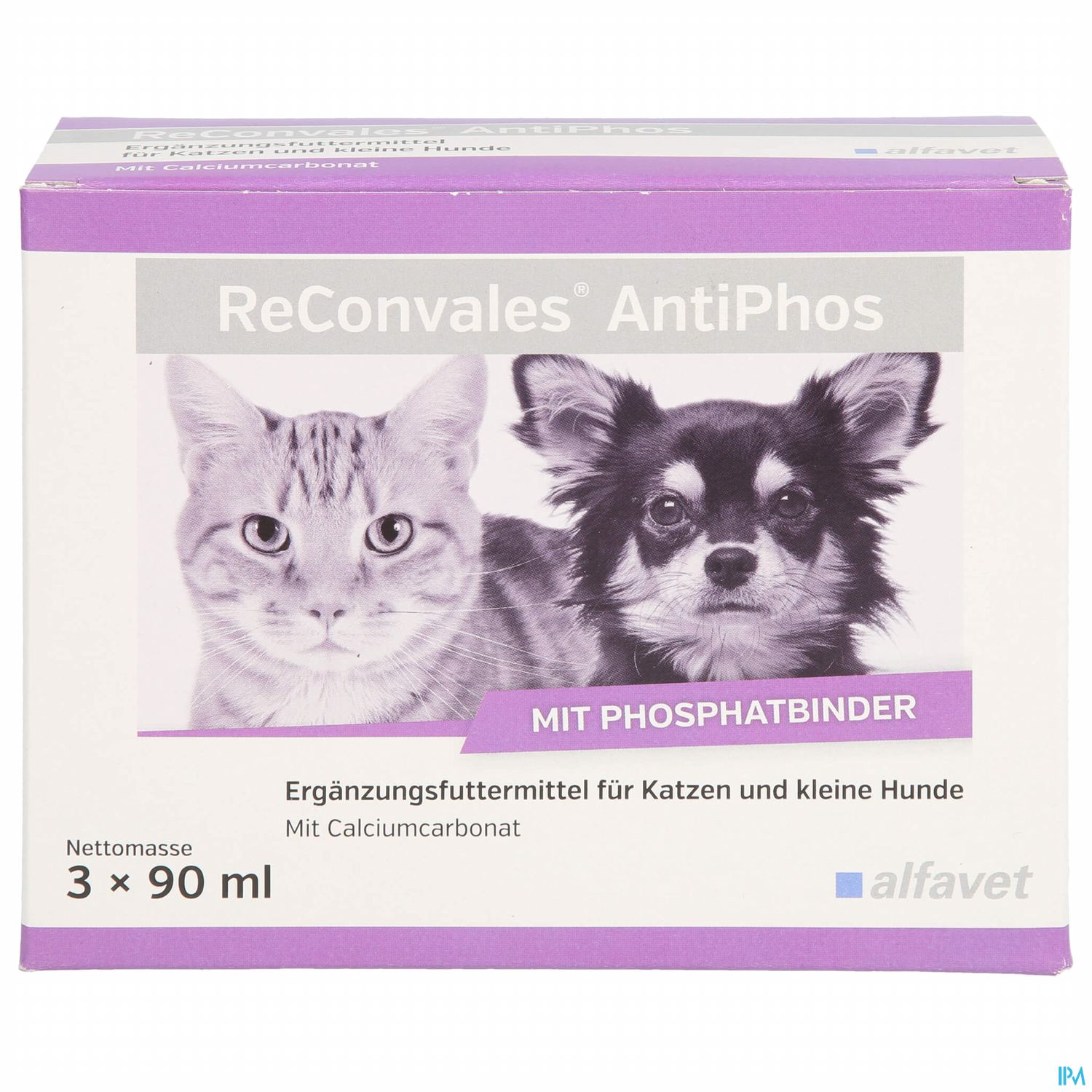 Verpackung des Produkts "ReConvales AntiPhos" mit Bildern einer Katze und eines kleinen Hundes, ergänzt durch den Hinweis auf die enthaltenen 90 ml Fläschchen und Calciumsalze.