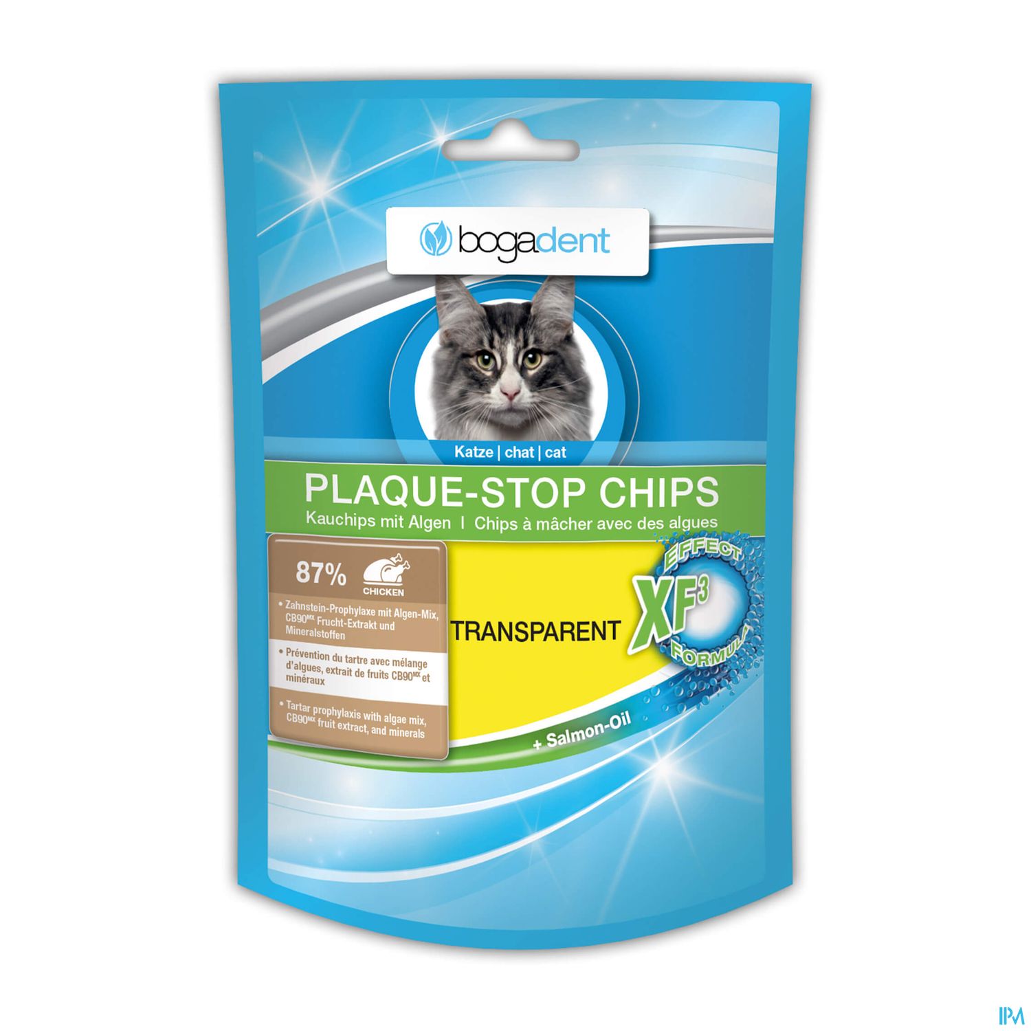 Verpackung von Bogadent Plaque-Stop Chips für Katzen mit Bild einer grauen Katze und Informationen zu Inhaltsstoffen und Eigenschaften.