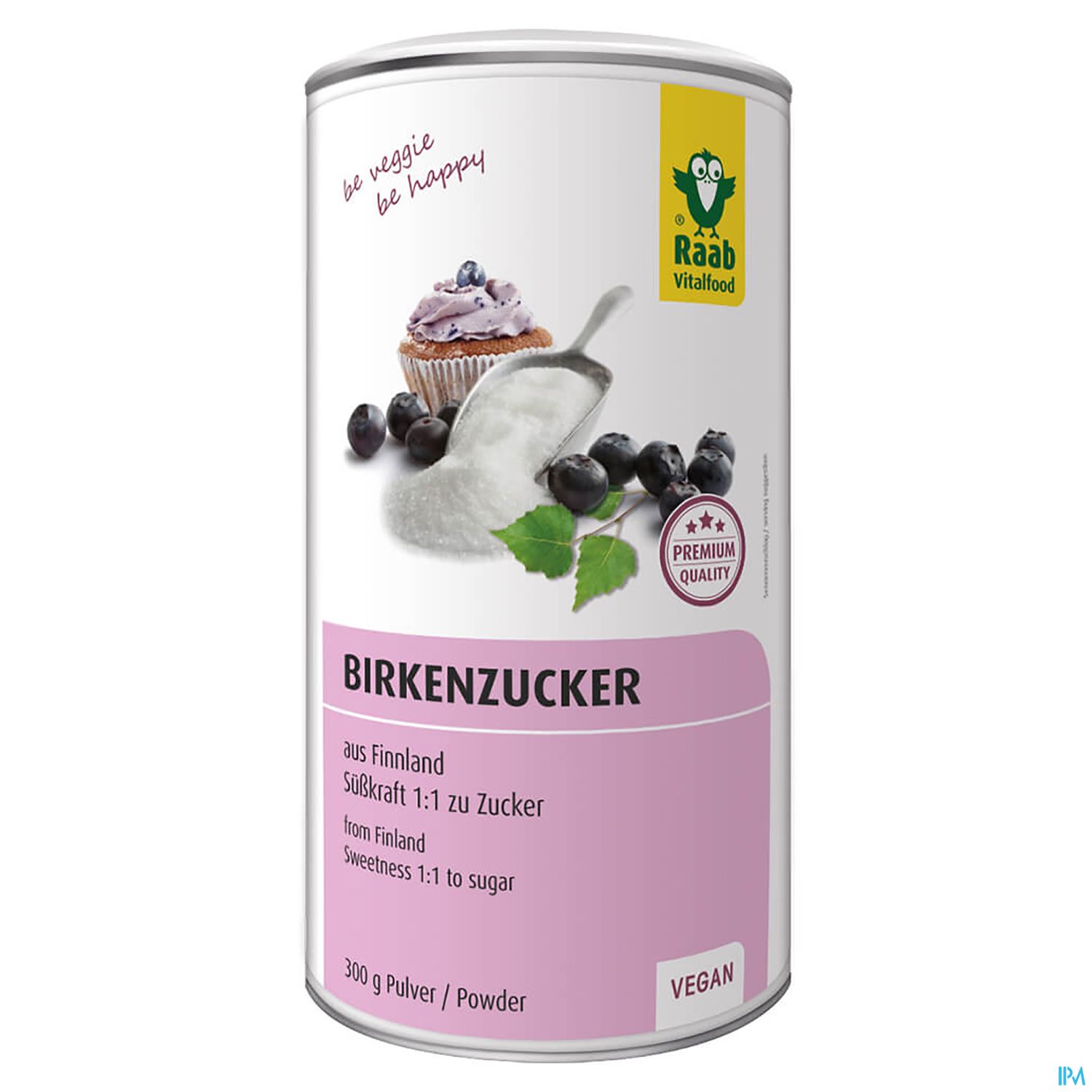 Dose mit Birkenzucker aus Finnland, 300 g, vegan, mit Hinweis auf Süßkraft 1:1 zu Zucker.