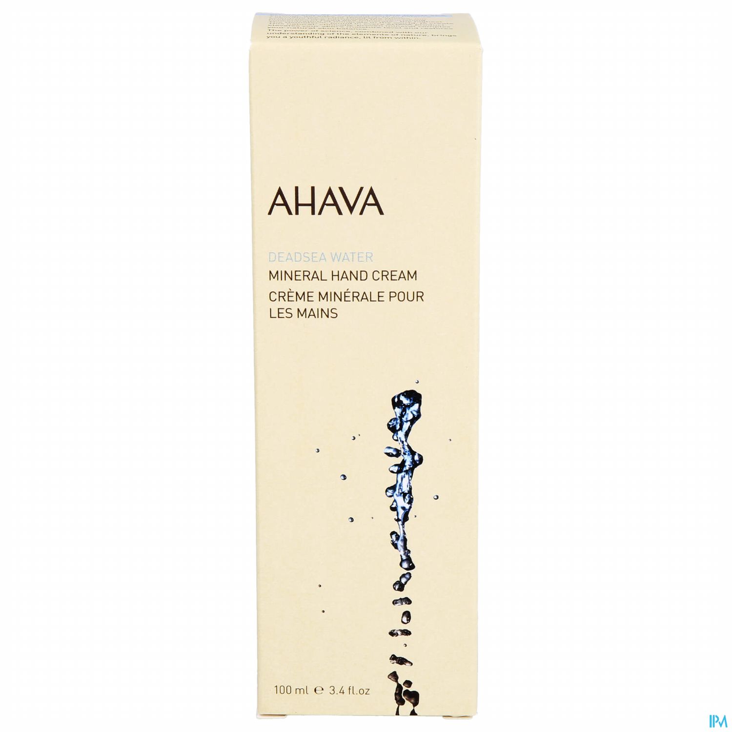Verpackung der AHAVA Mineral Hand Cream mit der Aufschrift "DEAD SEA WATER" und "MINERAL HAND CREAM" in verschiedenen Sprachen, abgebildet auf einem neutralen Hintergrund.